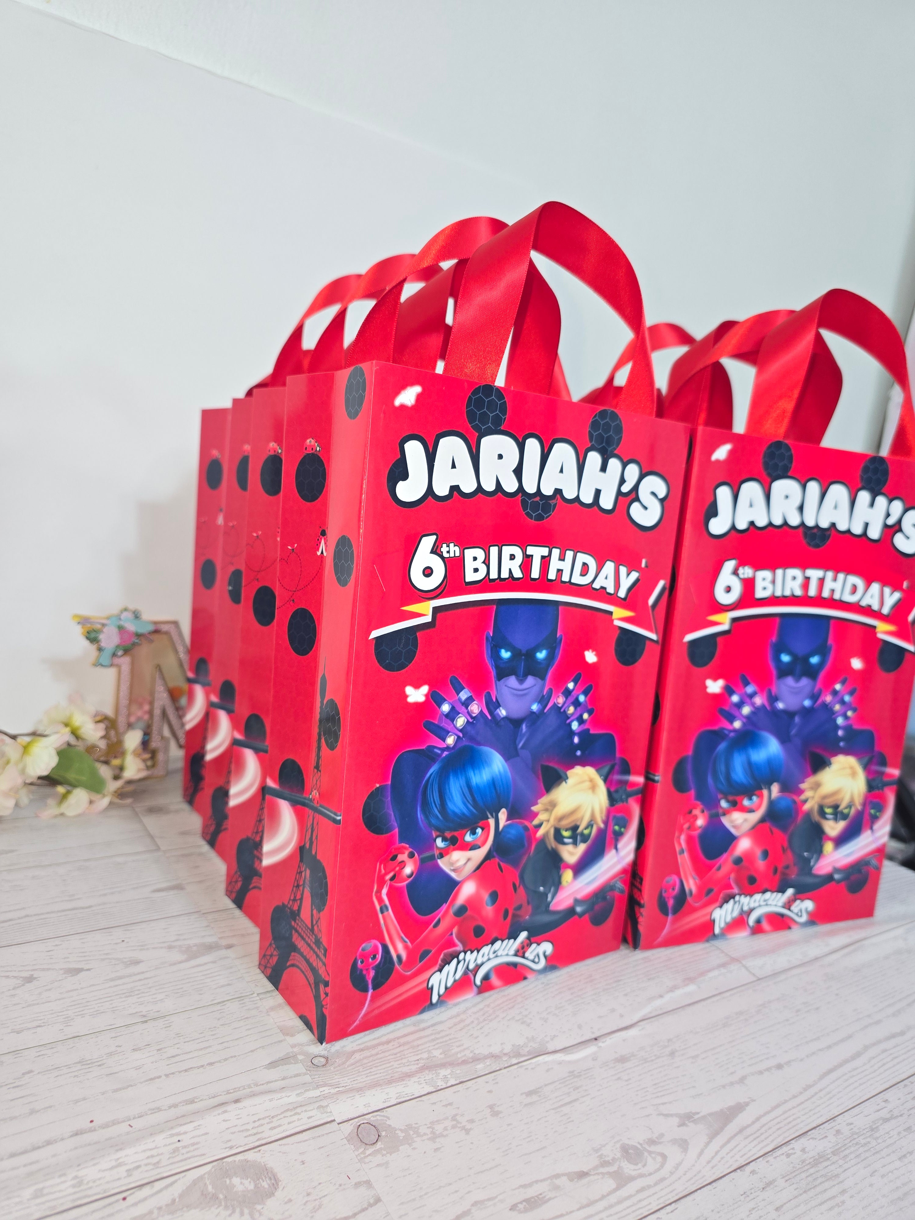 12 Pcs Personalized Ladybug Birthday Gift Bags – Name & Age | Ribbon Handles 8.5"x5.5"