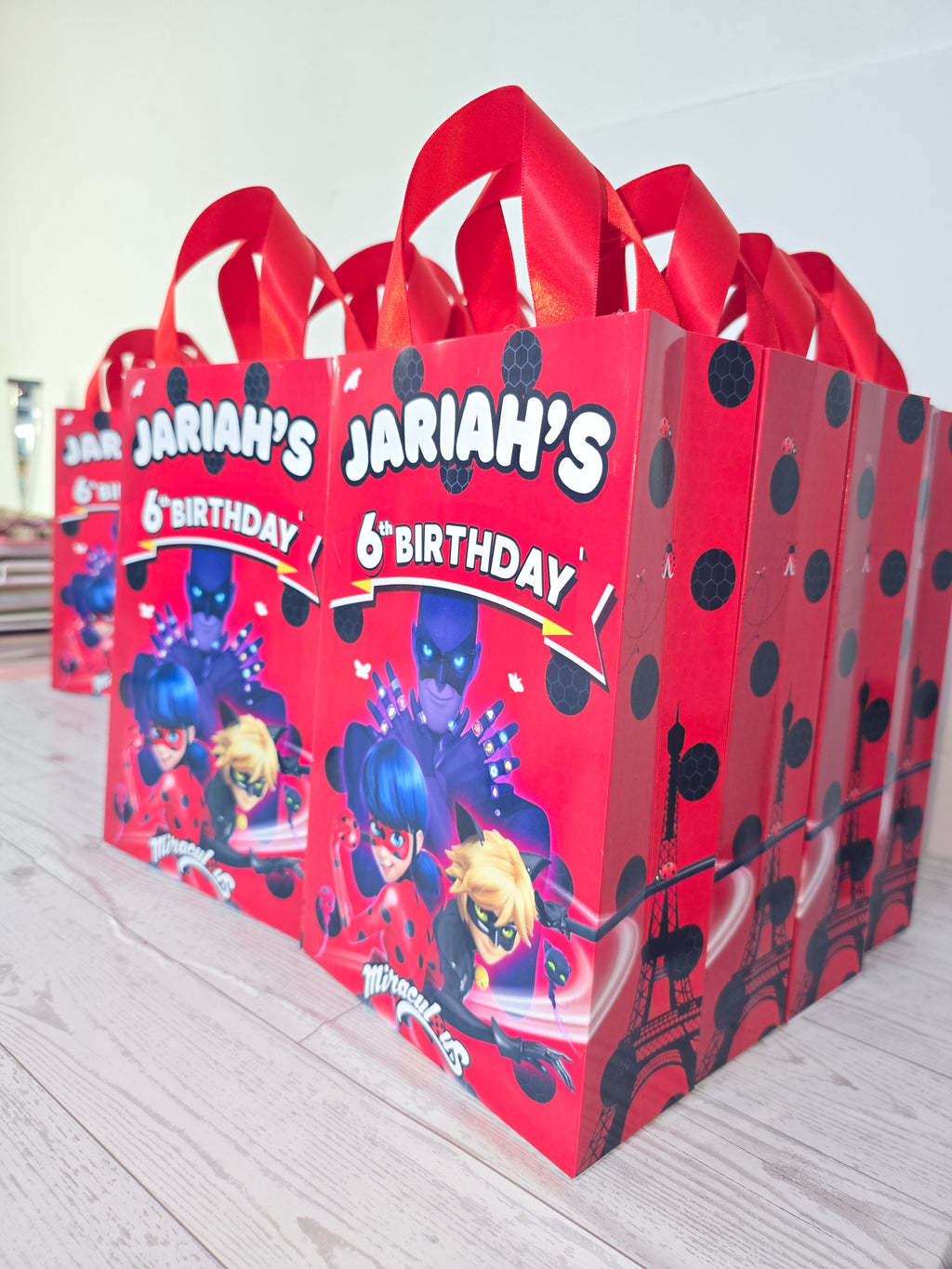 12 Pcs Personalized Ladybug Birthday Gift Bags – Name & Age | Ribbon Handles 8.5"x5.5"