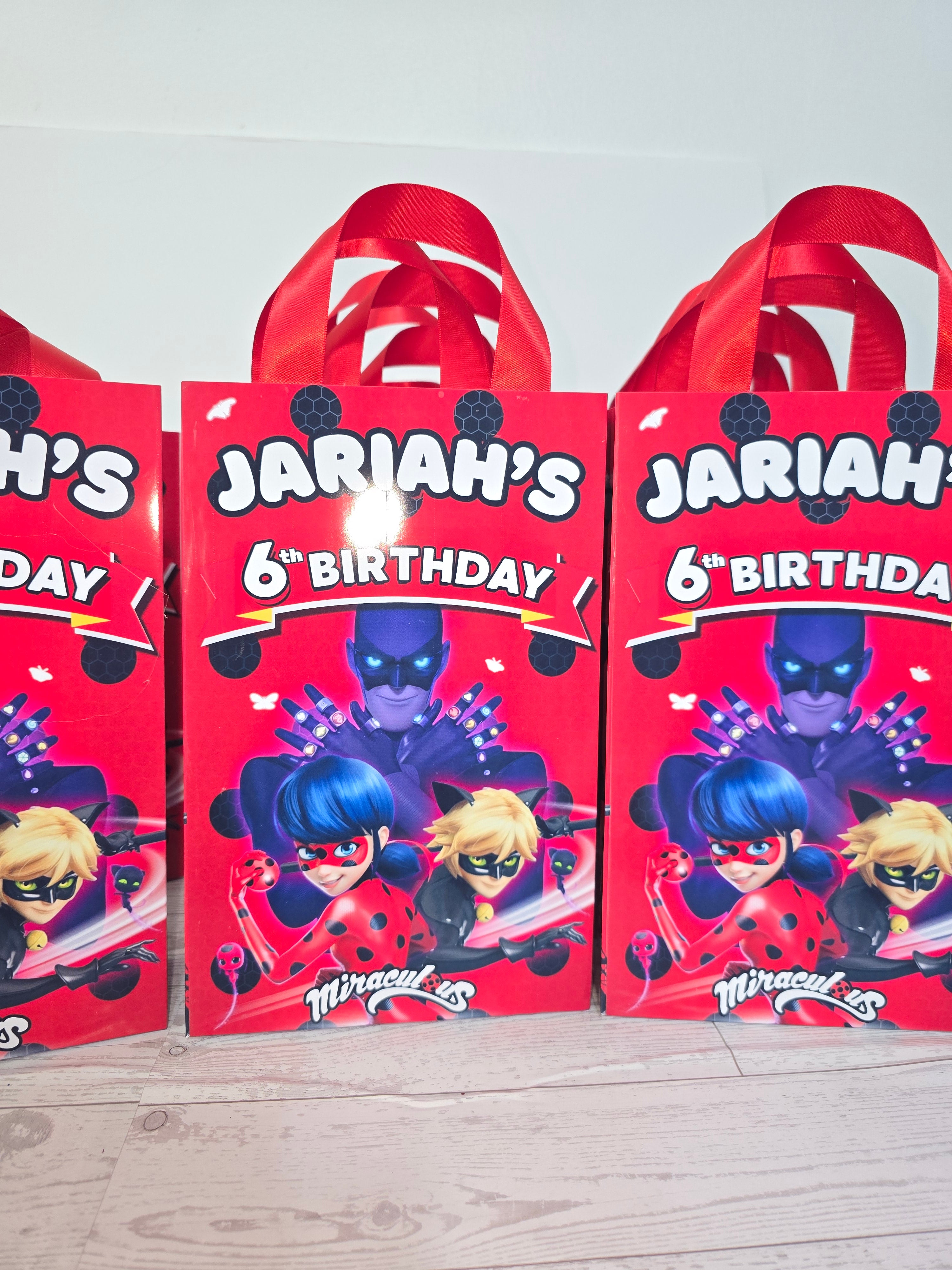12 Pcs Personalized Ladybug Birthday Gift Bags – Name & Age | Ribbon Handles 8.5"x5.5"