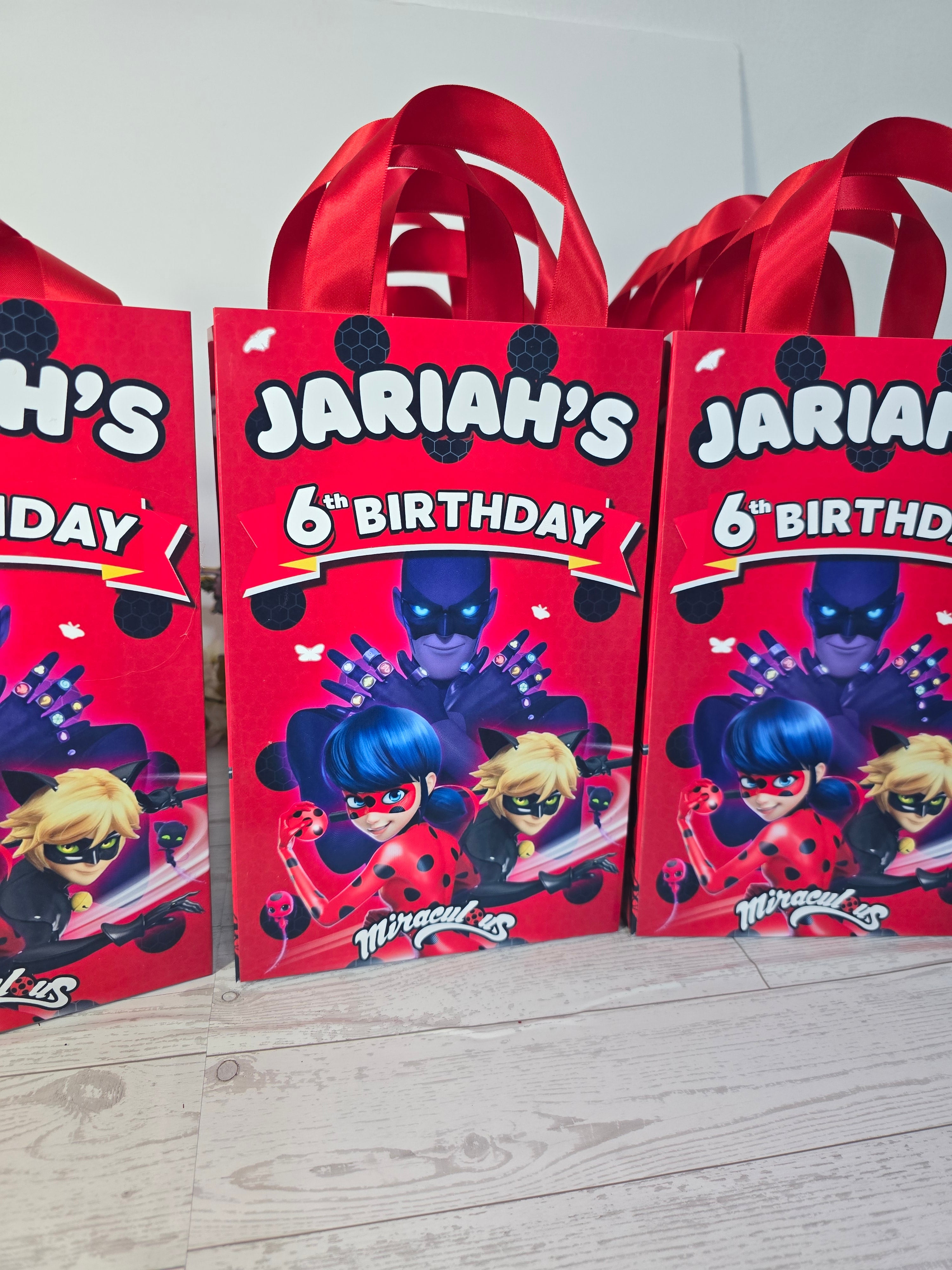 12 Pcs Personalized Ladybug Birthday Gift Bags – Name & Age | Ribbon Handles 8.5"x5.5"