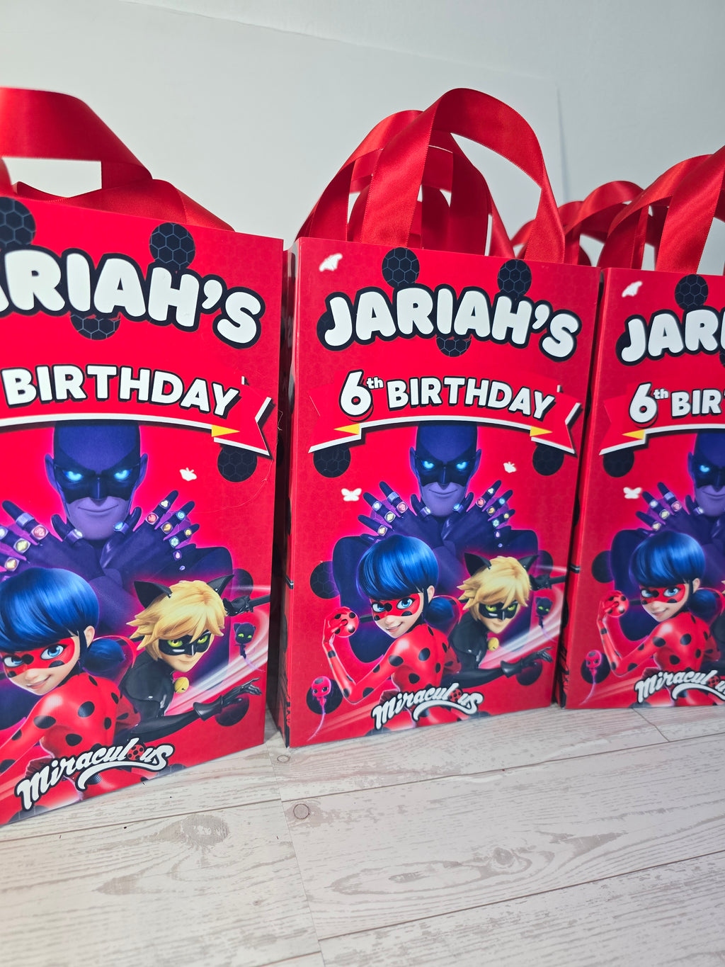12 Pcs Personalized Ladybug Birthday Gift Bags – Name & Age | Ribbon Handles 8.5"x5.5"
