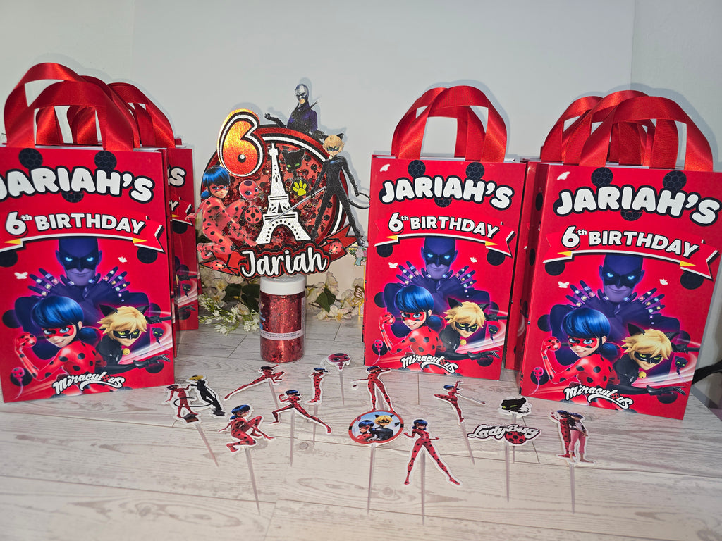 12 Pcs Personalized Ladybug Birthday Gift Bags – Name & Age | Ribbon Handles 8.5"x5.5"