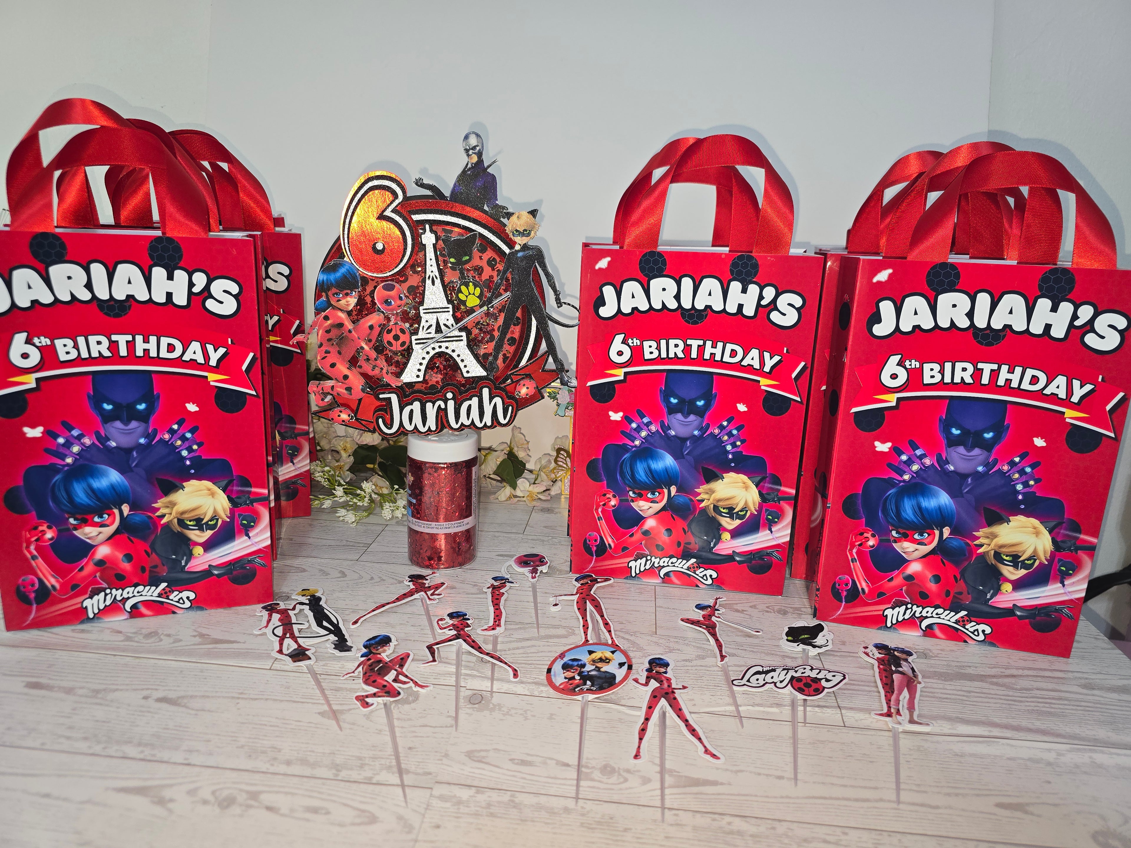 12 Pcs Personalized Ladybug Birthday Gift Bags – Name & Age | Ribbon Handles 8.5"x5.5"