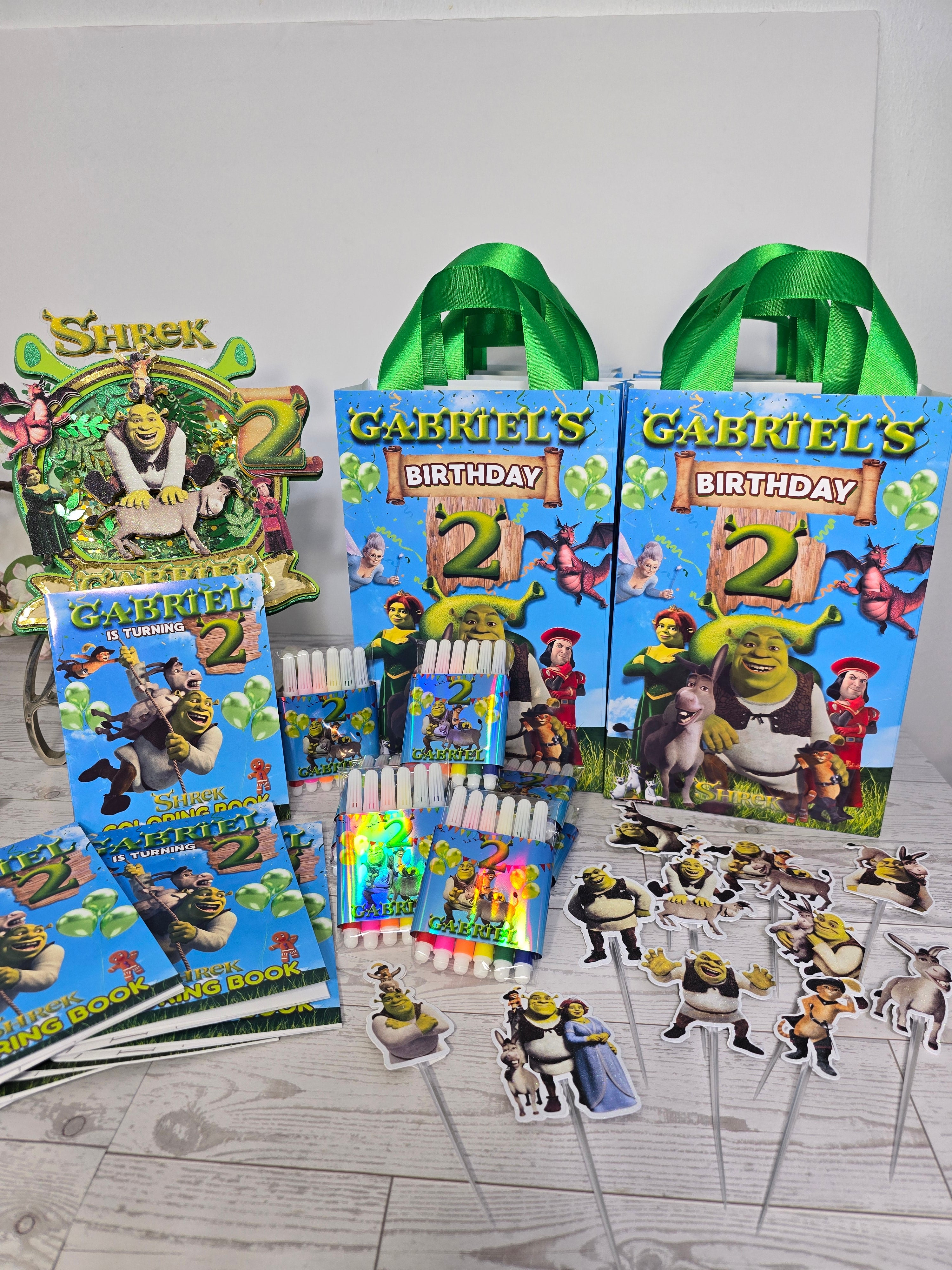 Personalized Shrek Birthday Gift Bags – Name & Age | Ribbon Handles 8.5"x5.5" (12 or 30 pcs)