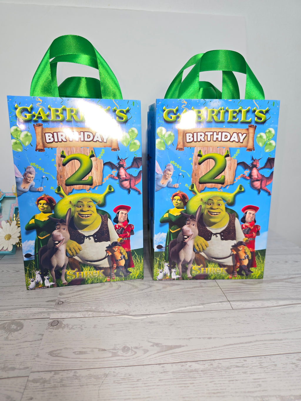 Personalized Shrek Birthday Gift Bags – Name & Age | Ribbon Handles 8.5"x5.5" (12 or 30 pcs)