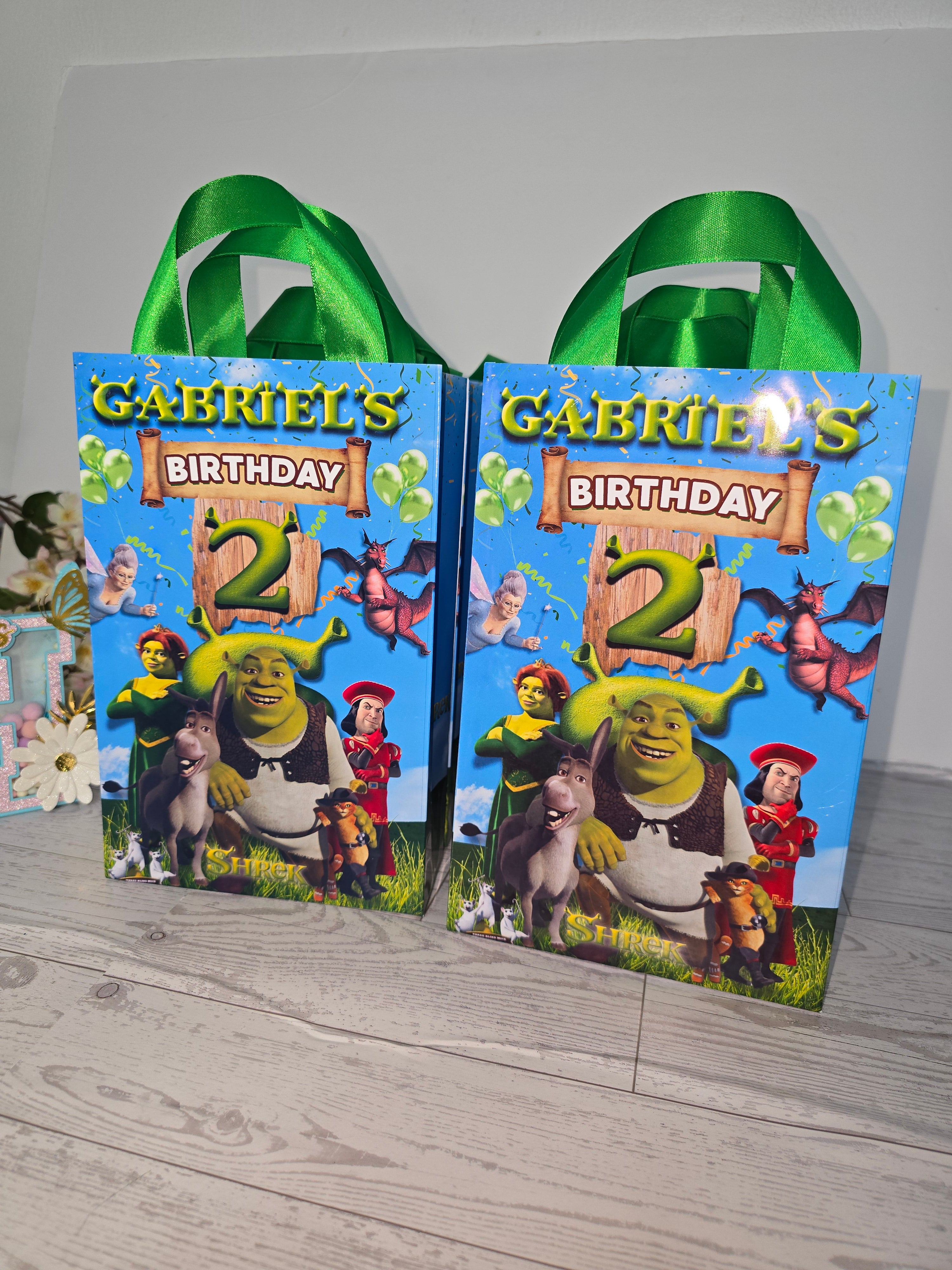 Personalized Shrek Birthday Gift Bags – Name & Age | Ribbon Handles 8.5"x5.5" (12 or 30 pcs)