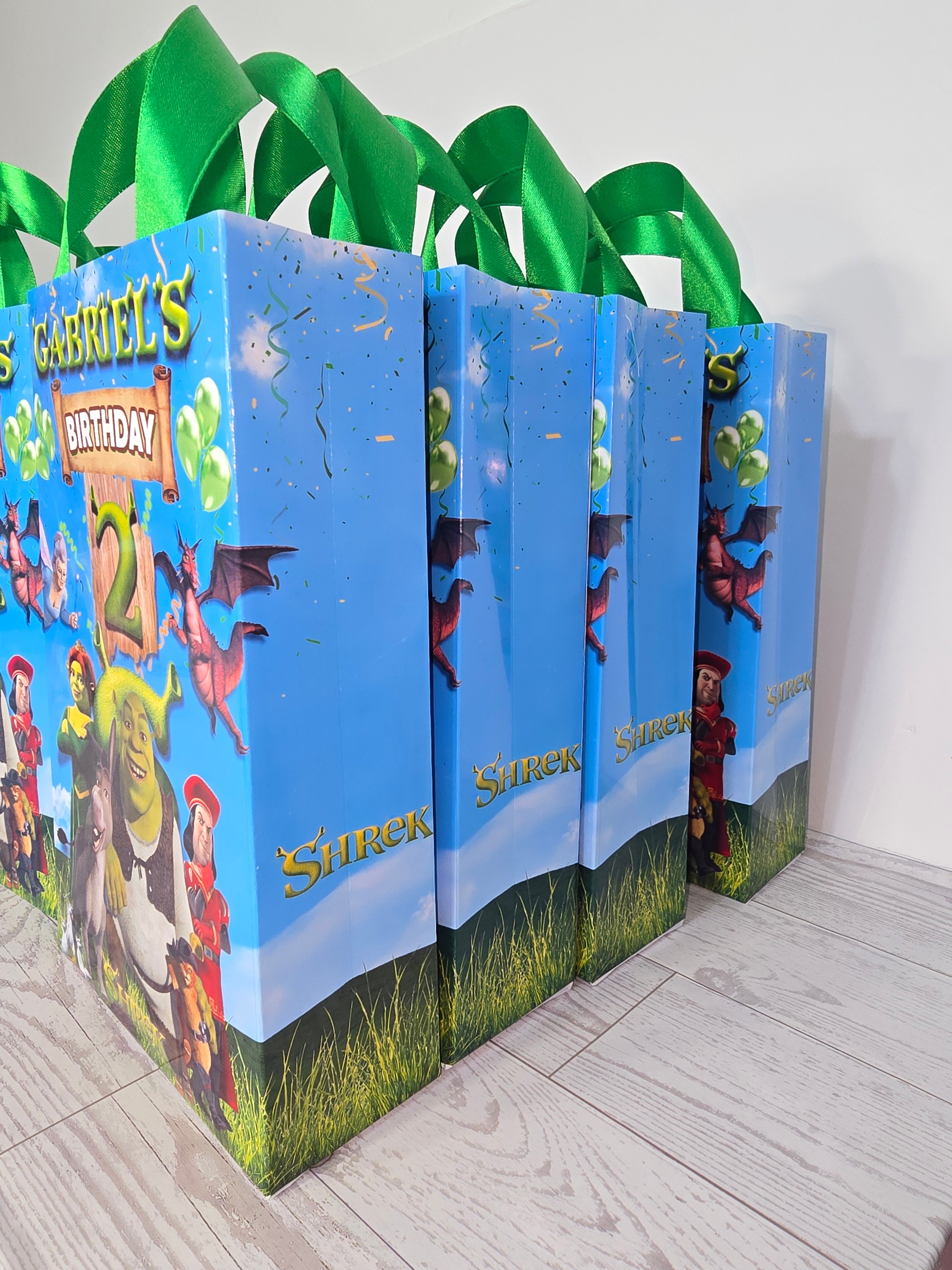 Personalized Shrek Birthday Gift Bags – Name & Age | Ribbon Handles 8.5"x5.5" (12 or 30 pcs)
