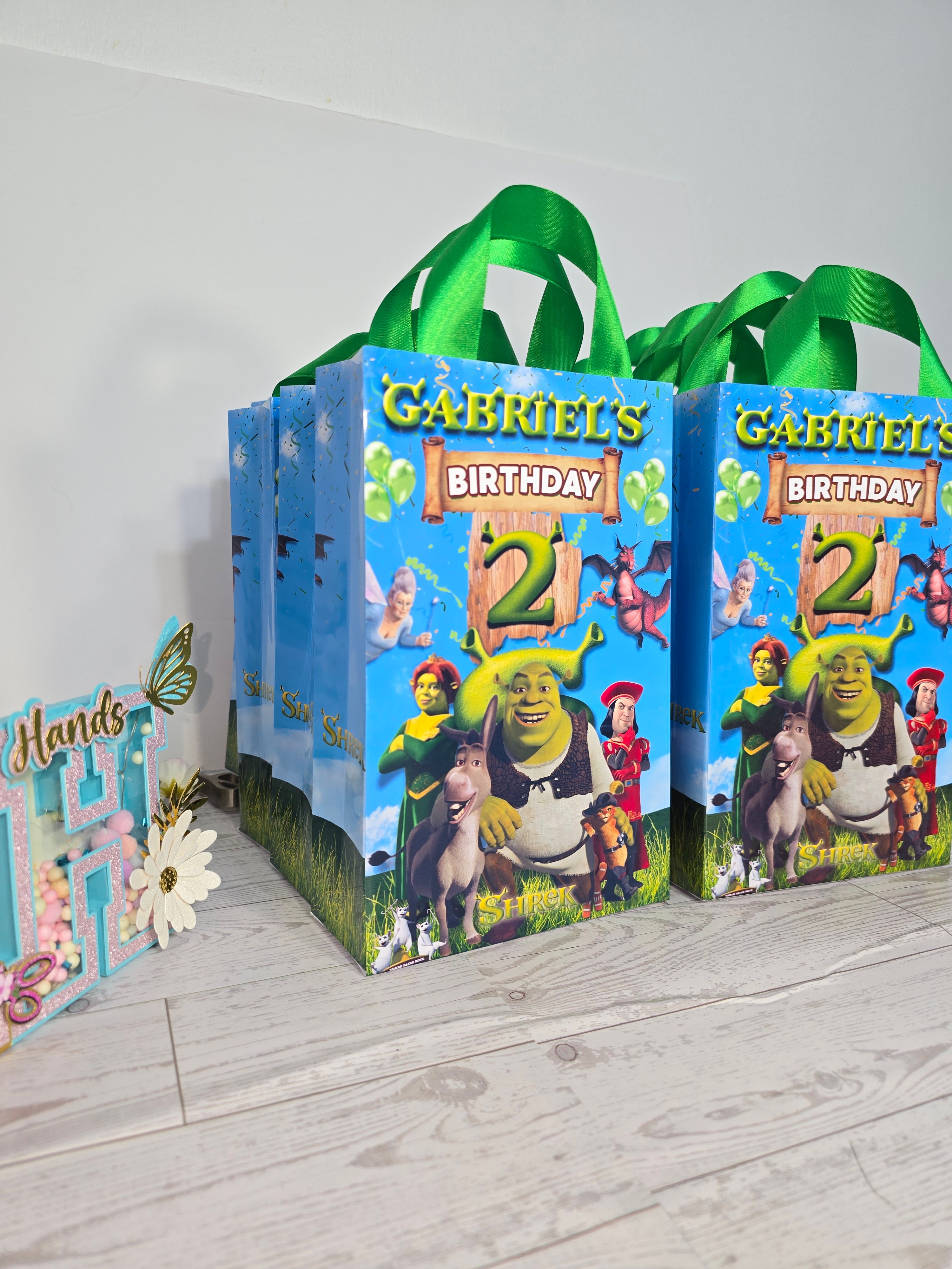 Personalized Shrek Birthday Gift Bags – Name & Age | Ribbon Handles 8.5"x5.5" (12 or 30 pcs)