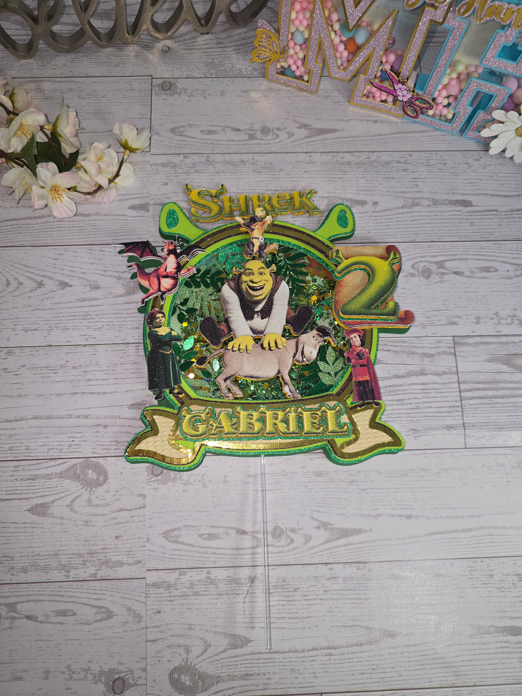 Personalized 3D Shrek Cake Topper – Glitter with Name & Age