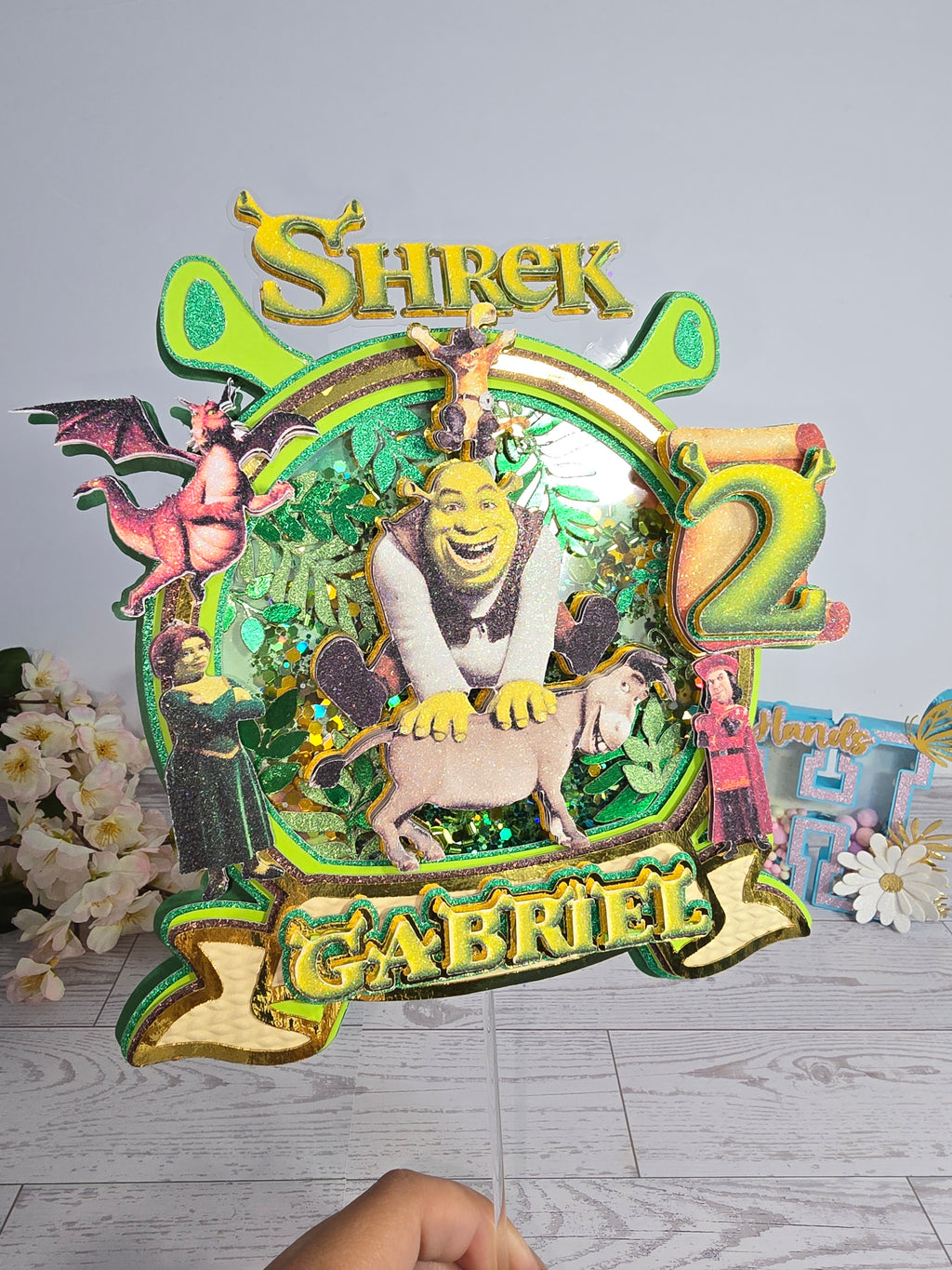 Personalized 3D Shrek Cake Topper – Glitter with Name & Age