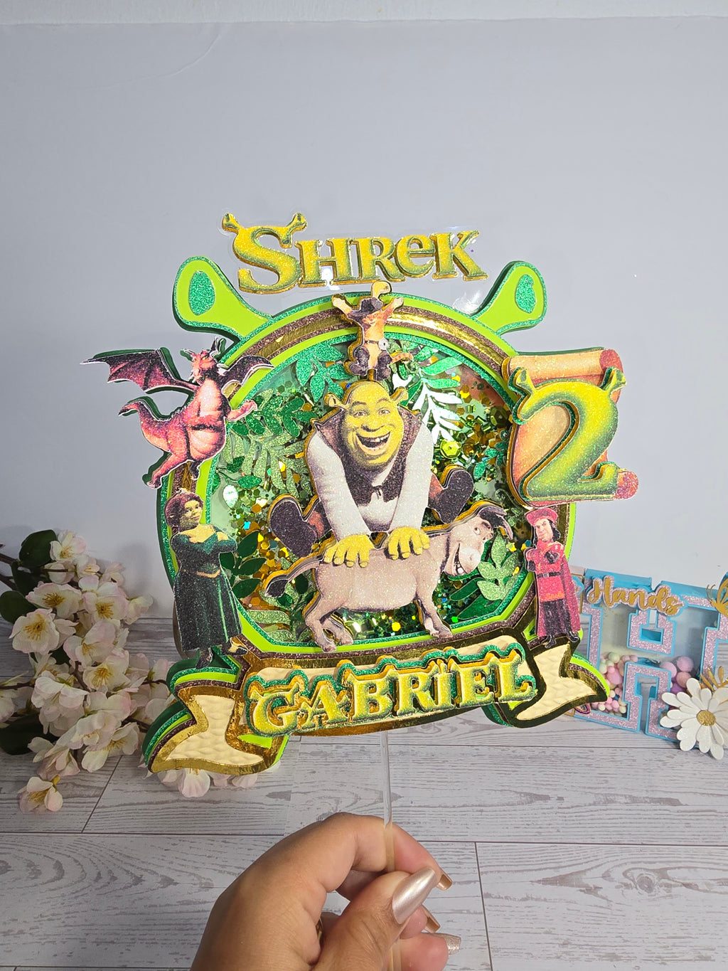 Personalized 3D Shrek Cake Topper – Glitter with Name & Age