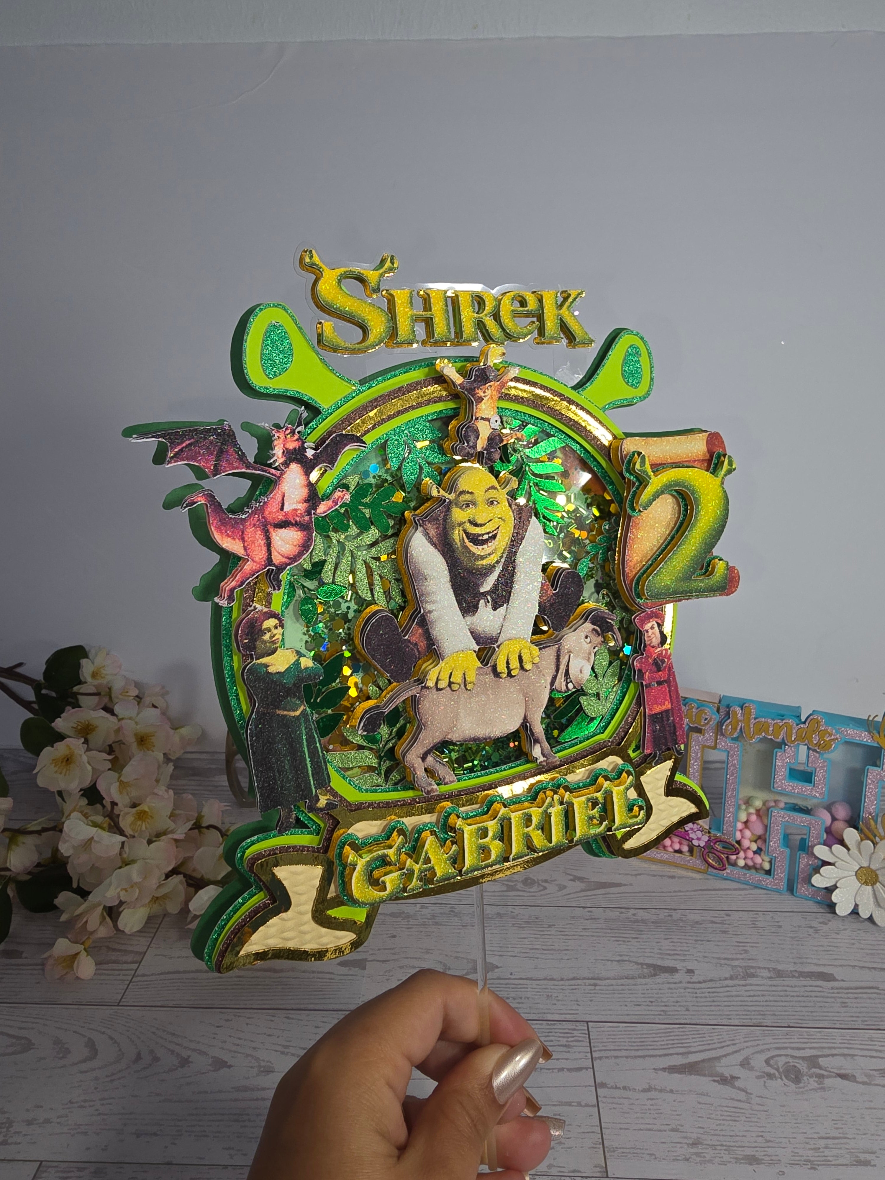 Personalized 3D Shrek Cake Topper – Glitter with Name & Age