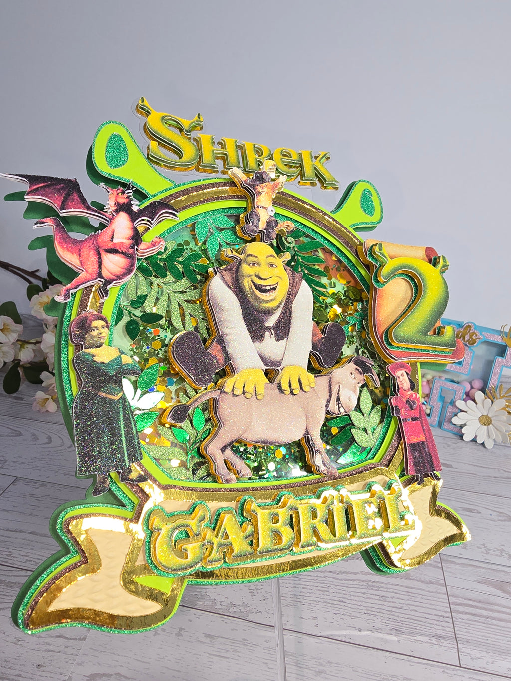Personalized 3D Shrek Cake Topper – Glitter with Name & Age