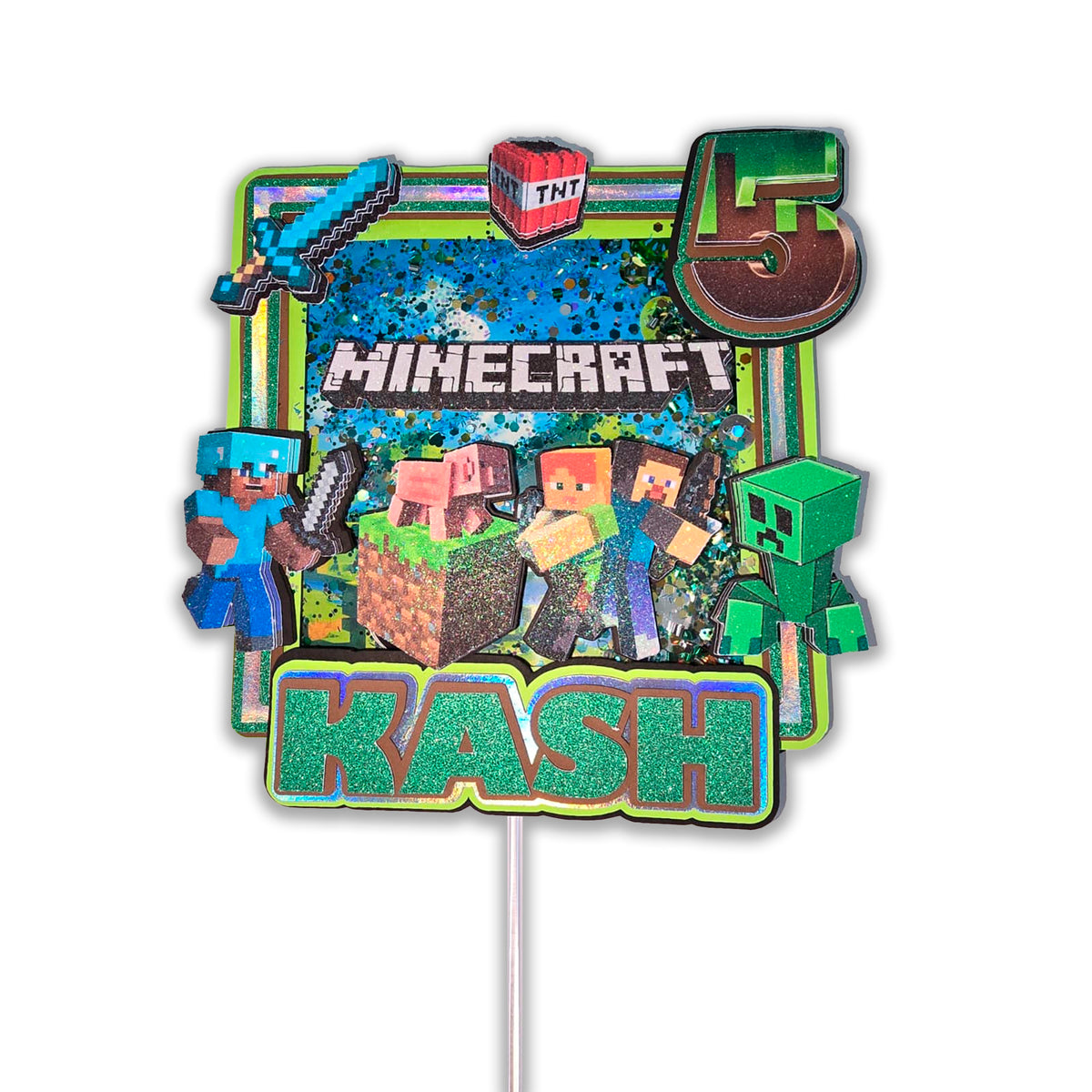 Adorno para tarta de Minecraft con purpurina 3D personalizado