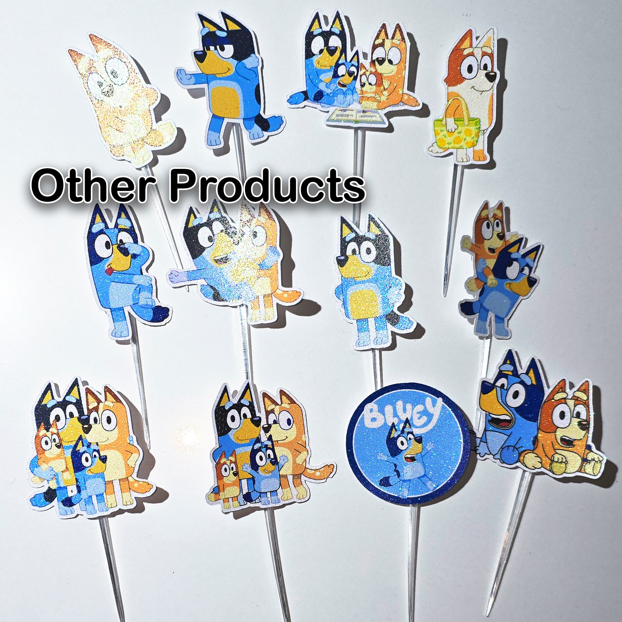 24 Pcs Glitter Cupcake Toppers. 12 Design Bluey Cupcake Toppers. Food Decoration, Picks for Party Supplies (Copy)