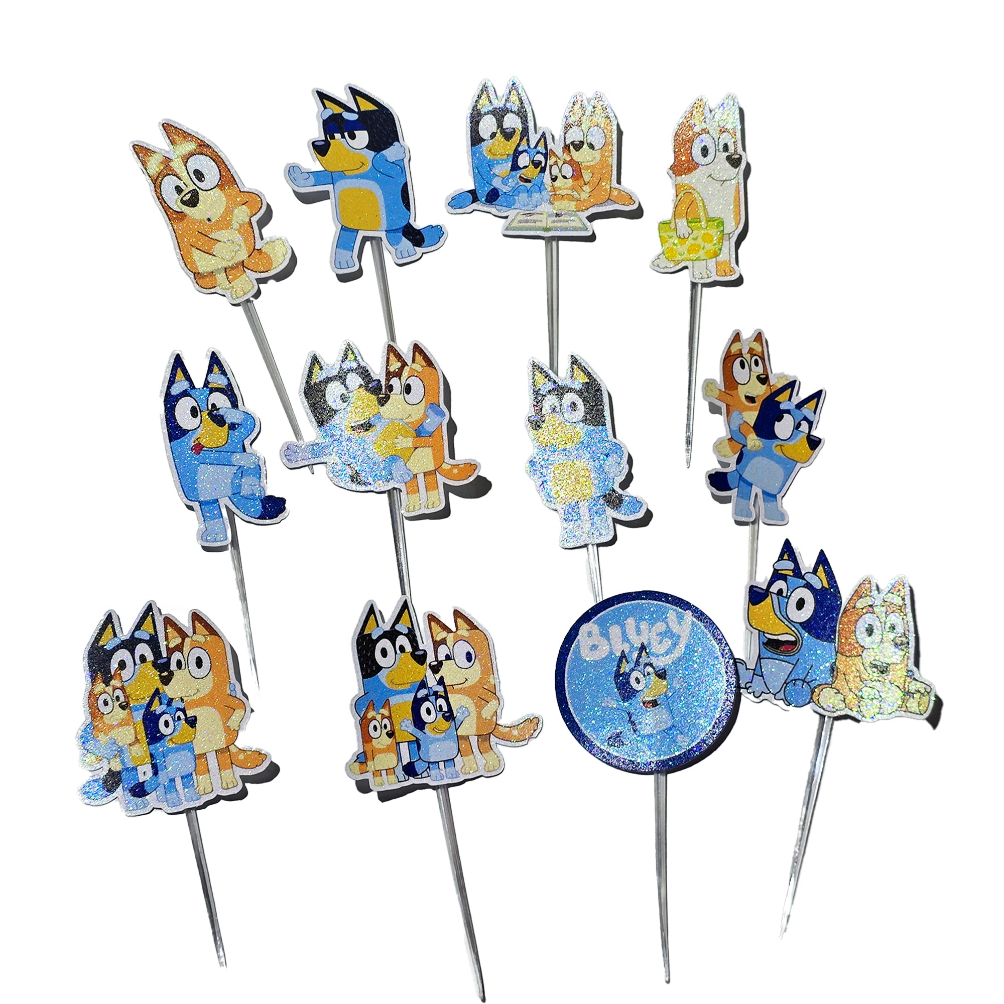 24 Pcs Glitter Cupcake Toppers. 12 Design Bluey Cupcake Toppers. Food Decoration, Picks for Party Supplies (Copy)