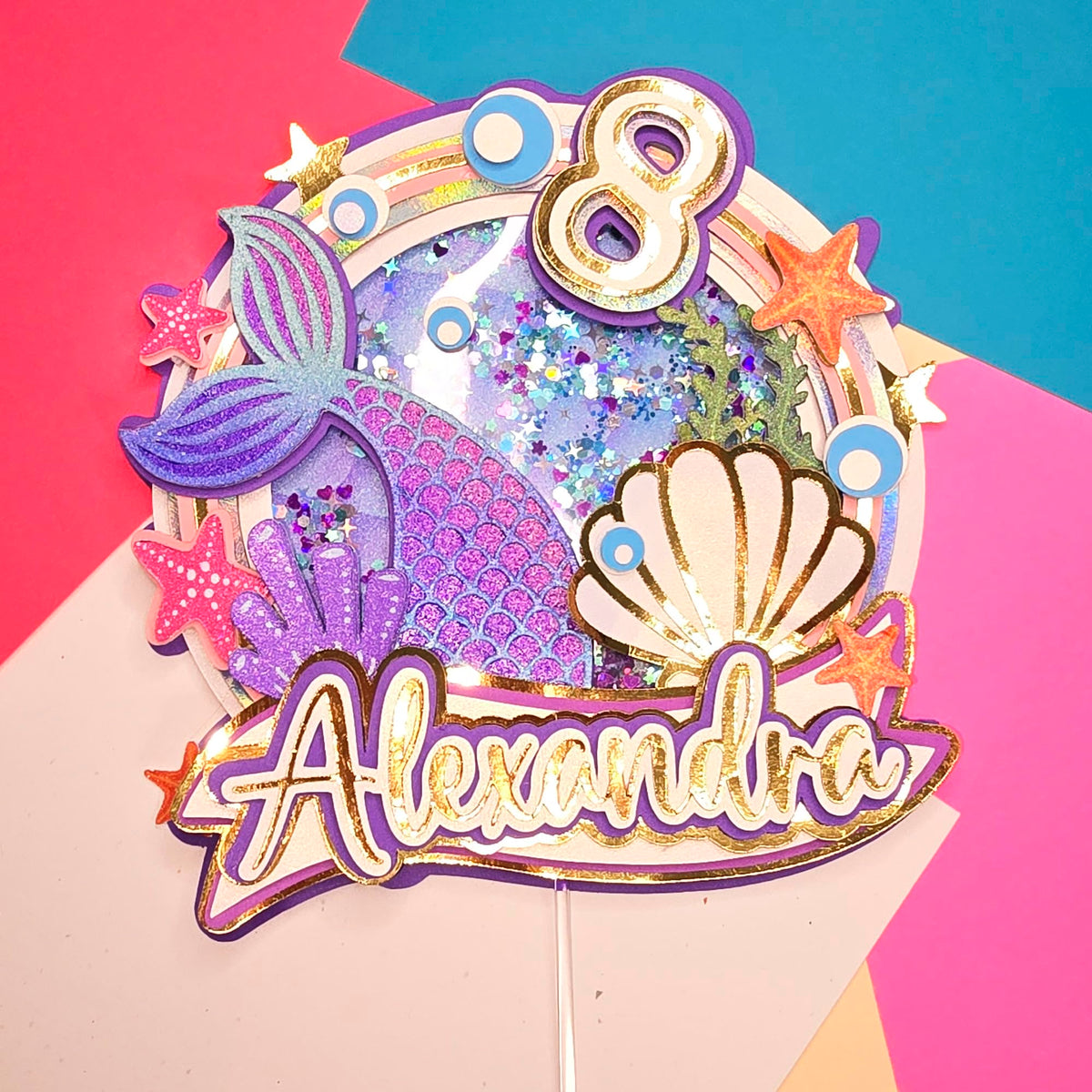 Adornos para tartas personalizados con dibujos animados de purpurina 3D para cumpleaños infantiles