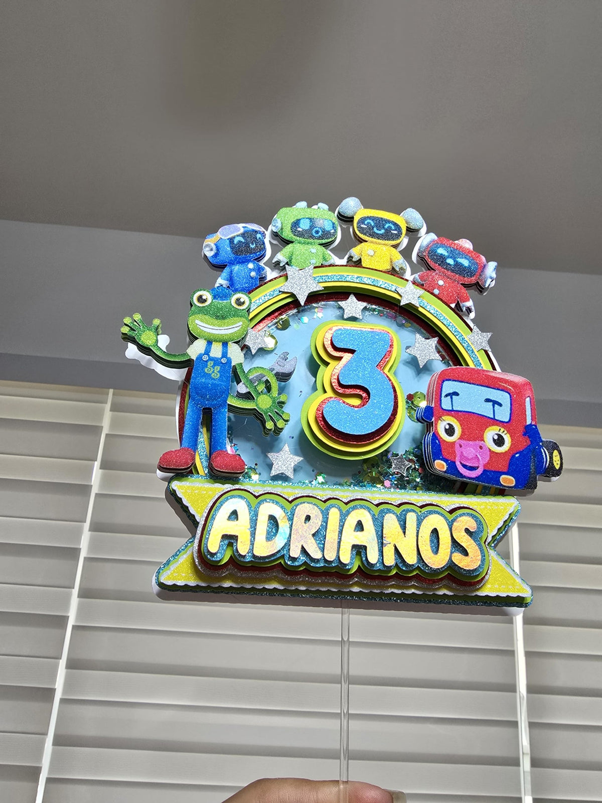 Adornos para tartas personalizados con dibujos animados de purpurina 3D para cumpleaños infantiles