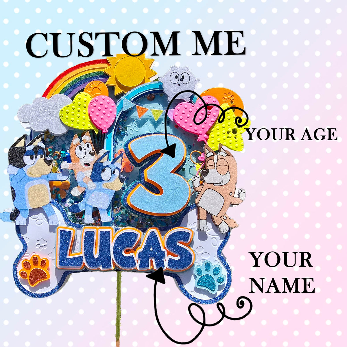 Adornos para tartas personalizados con dibujos animados de purpurina 3D para cumpleaños infantiles