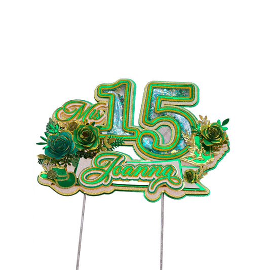 Adorno para tarta personalizado con purpurina 3D (MIS 15 VERDE)