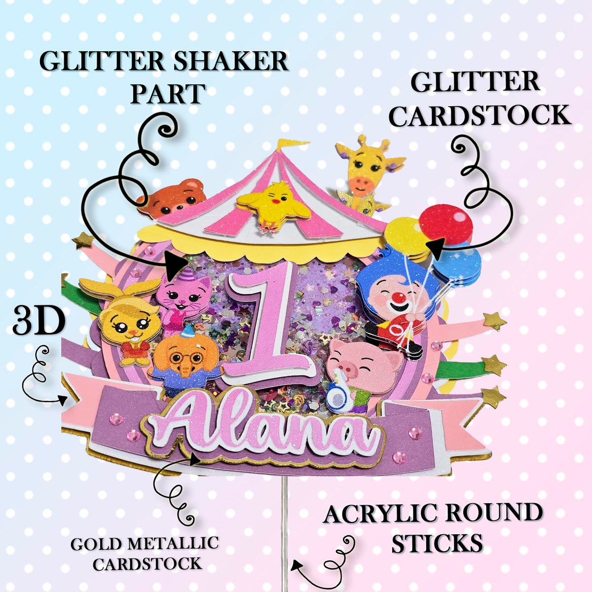Adornos para tartas personalizados con dibujos animados de purpurina 3D para cumpleaños infantiles