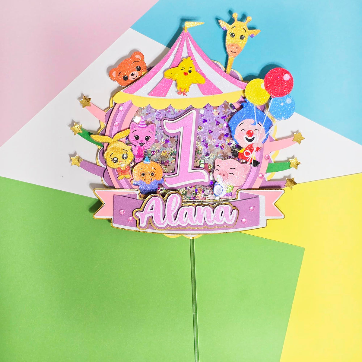 Adornos para tartas personalizados con dibujos animados de purpurina 3D para cumpleaños infantiles