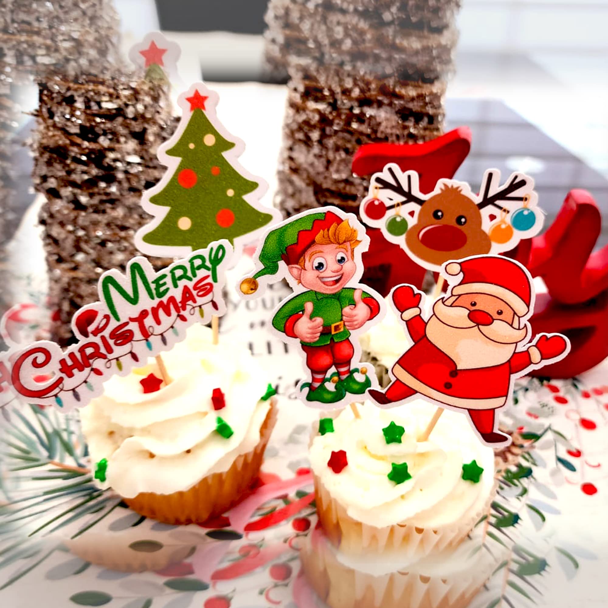 24 Pcs Glitter Cupcake Toppers. 10 Design Cute Xmas Cupcake Toppers. Food Decoration, Picks for Christmas Birthday Party Supplies Dessert Decorations