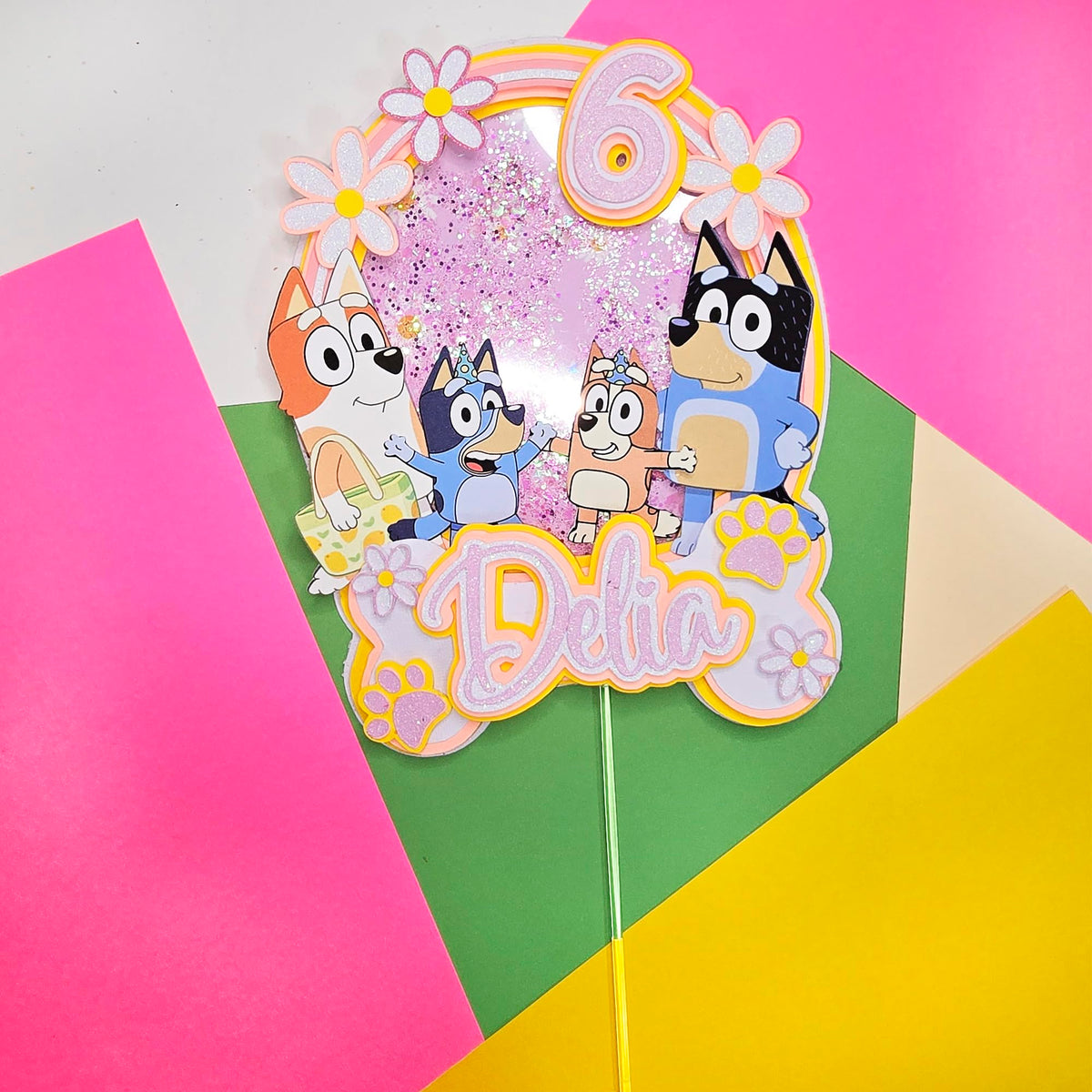 Adornos para tartas personalizados con dibujos animados de purpurina 3D para cumpleaños infantiles
