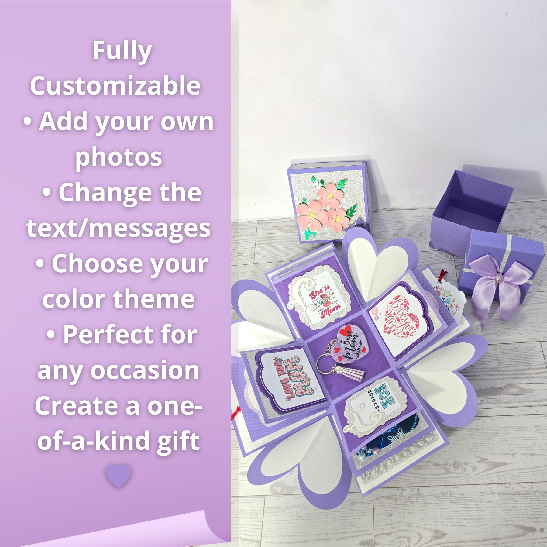 Personalized Exploding Box with Photos and Custom Text, Surprise Gift Box for Mom, Photo Memory Box with Inner Gift Box & Keychain.