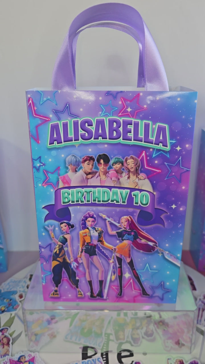 12 pcs Personalized Birthday Gift Bags with Name and Age – Bags with Ribbon Handles- 8.5"x5.5 k Pop