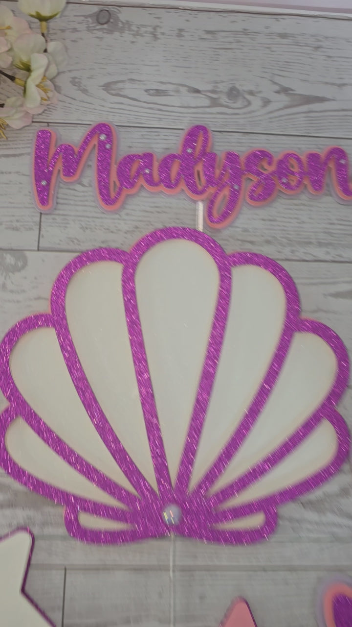 Personalized 3D Seashell Cake Topper Set – Glitter with Starfish