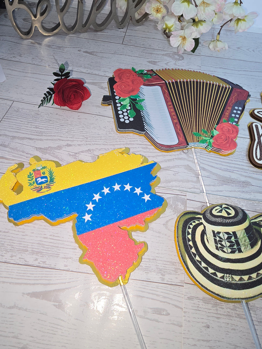 Personalized 3D Glitter Cake Topper Set – Sombrero Bolteao | Colombia & Venezuela Theme