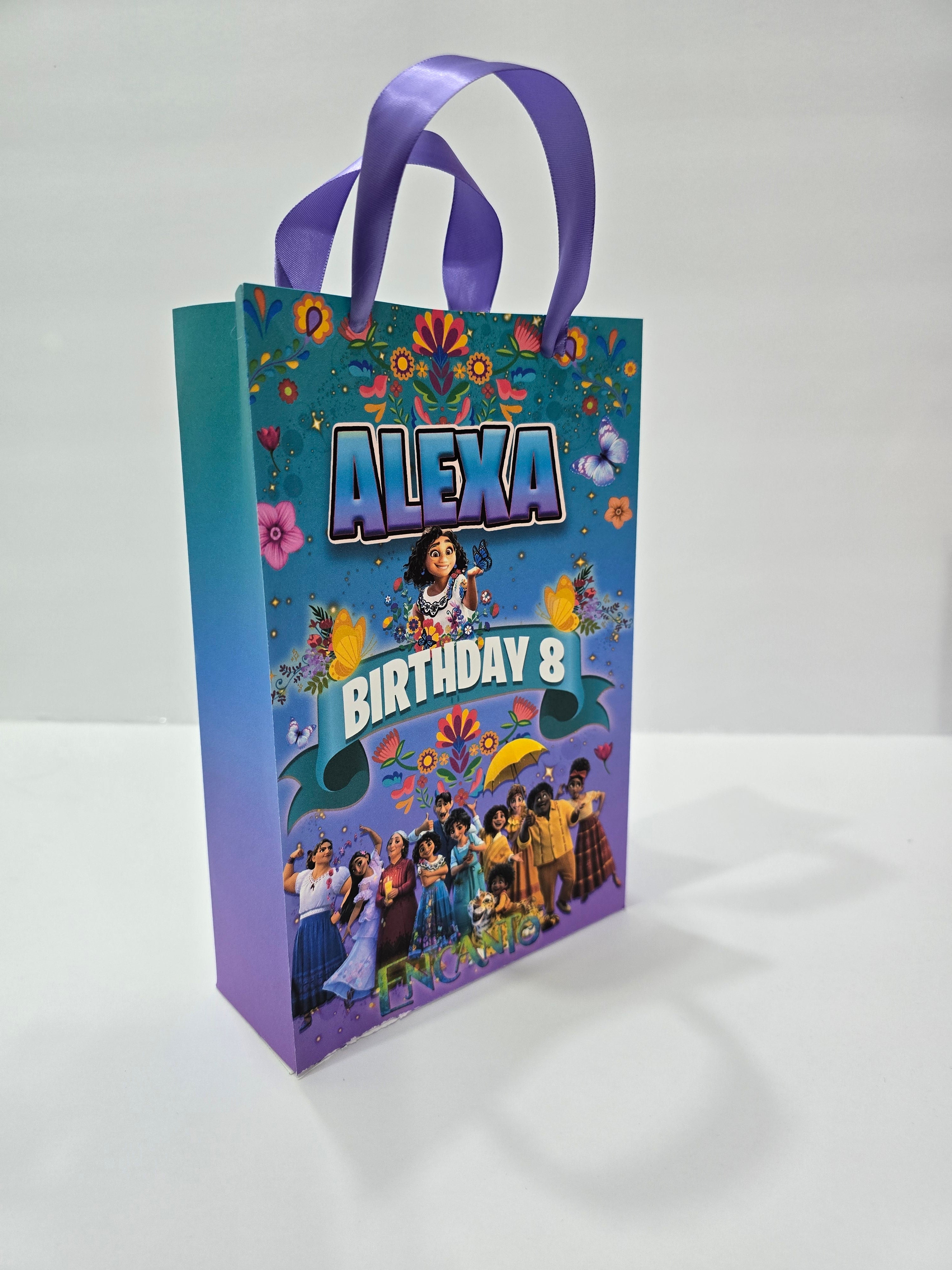 12 pcs Personalized Birthday Gift Bags with Name and Age – Bags with Ribbon Handles- 8.5"x5.5 (Encanto)