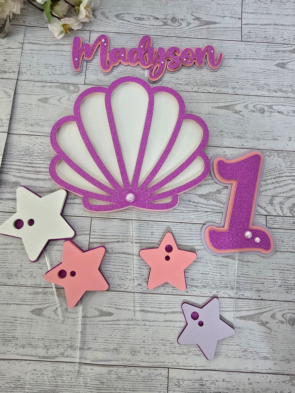 Personalized 3D Seashell Cake Topper Set – Glitter with Starfish