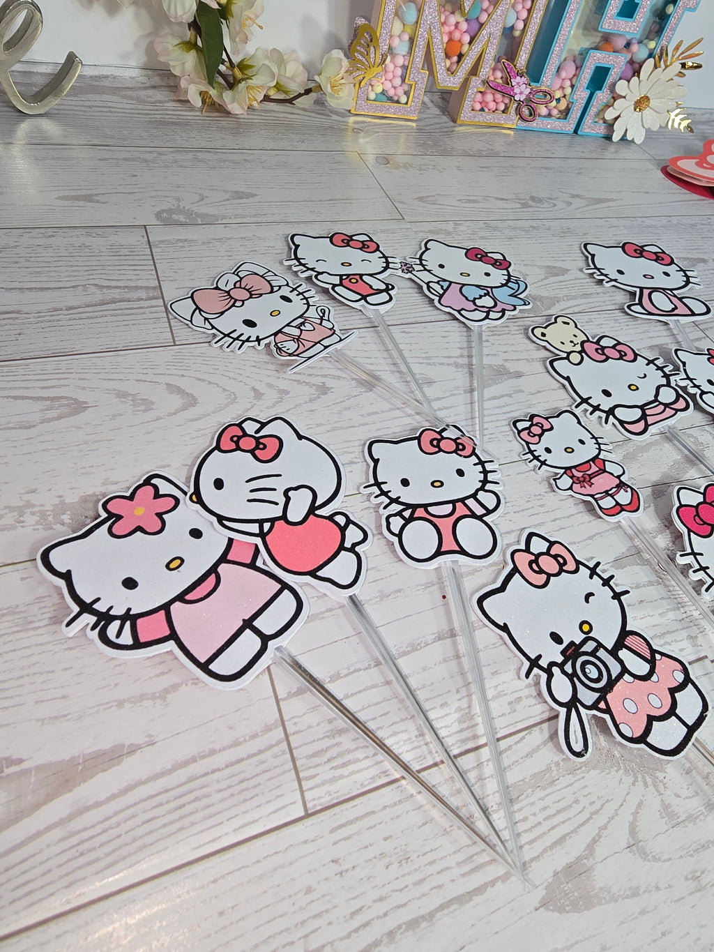 12 Pcs Glitter Cupcake Toppers – 12 Unique Kitty Designs | Birthday Party Picks