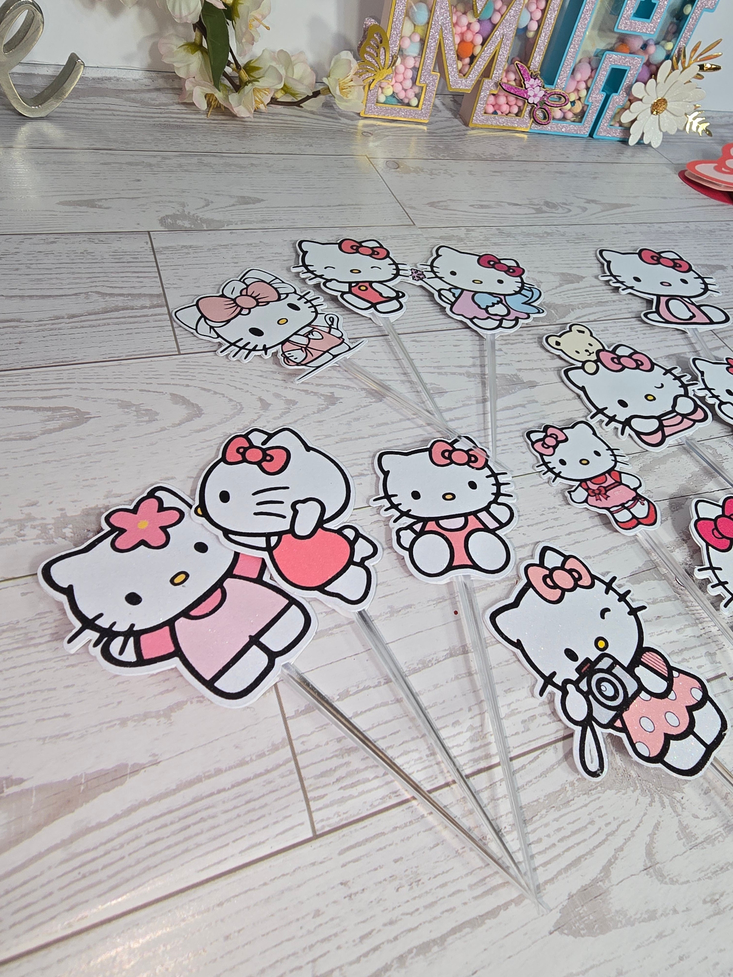 12 Pcs Glitter Cupcake Toppers – 12 Unique Kitty Designs | Birthday Party Picks