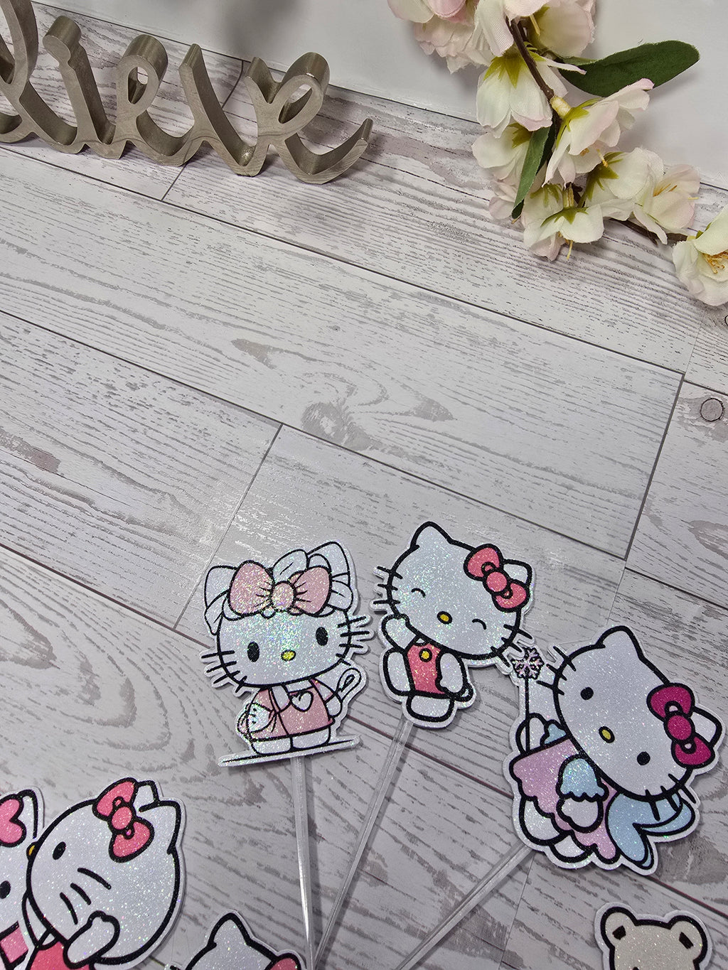 12 Pcs Glitter Cupcake Toppers – 12 Unique Kitty Designs | Birthday Party Picks