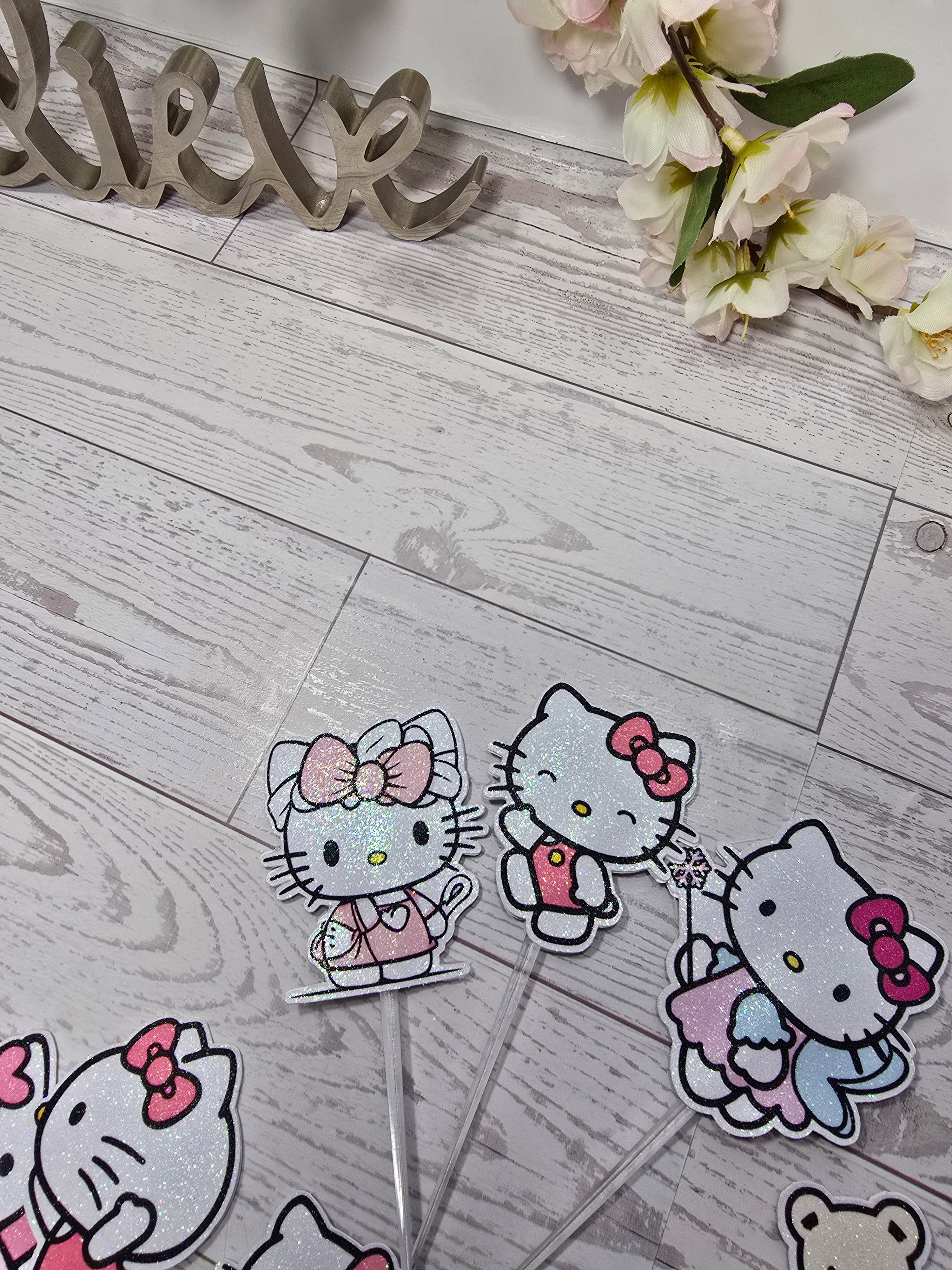 12 Pcs Glitter Cupcake Toppers – 12 Unique Kitty Designs | Birthday Party Picks
