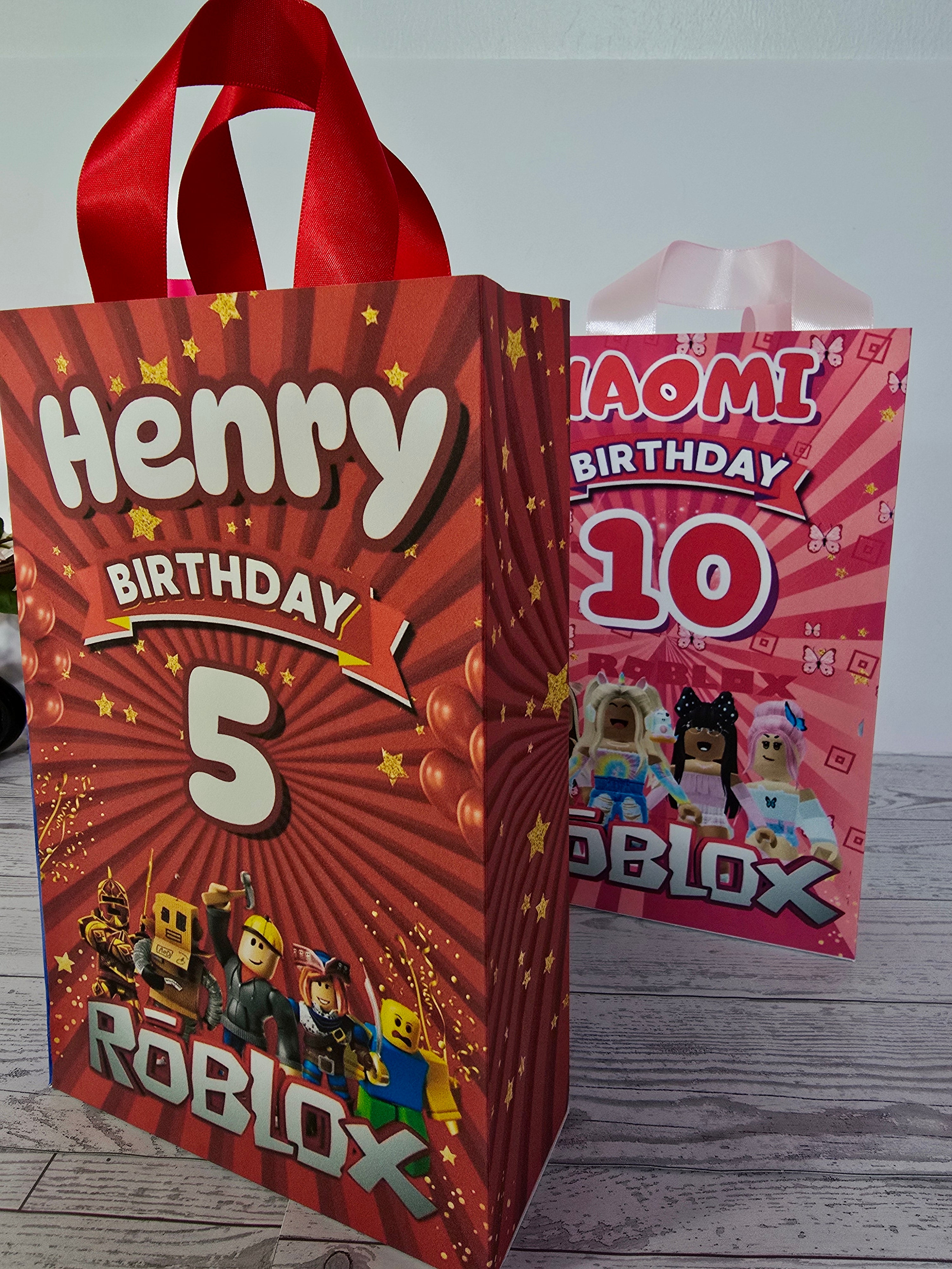 12 Personalized Roblox Birthday Gift Bags with Name & Age – 8.5"x5.5" Ribbon Handles