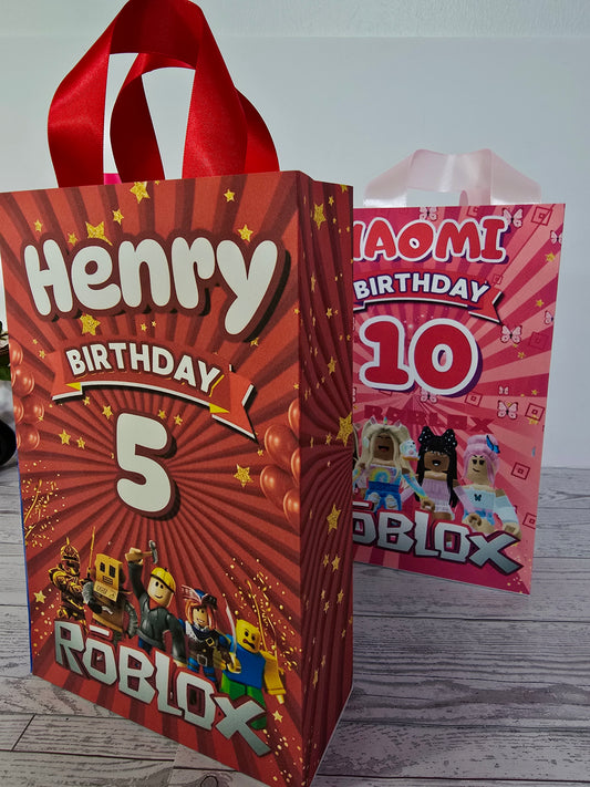 12 Personalized Roblox Birthday Gift Bags with Name & Age – 8.5"x5.5" Ribbon Handles