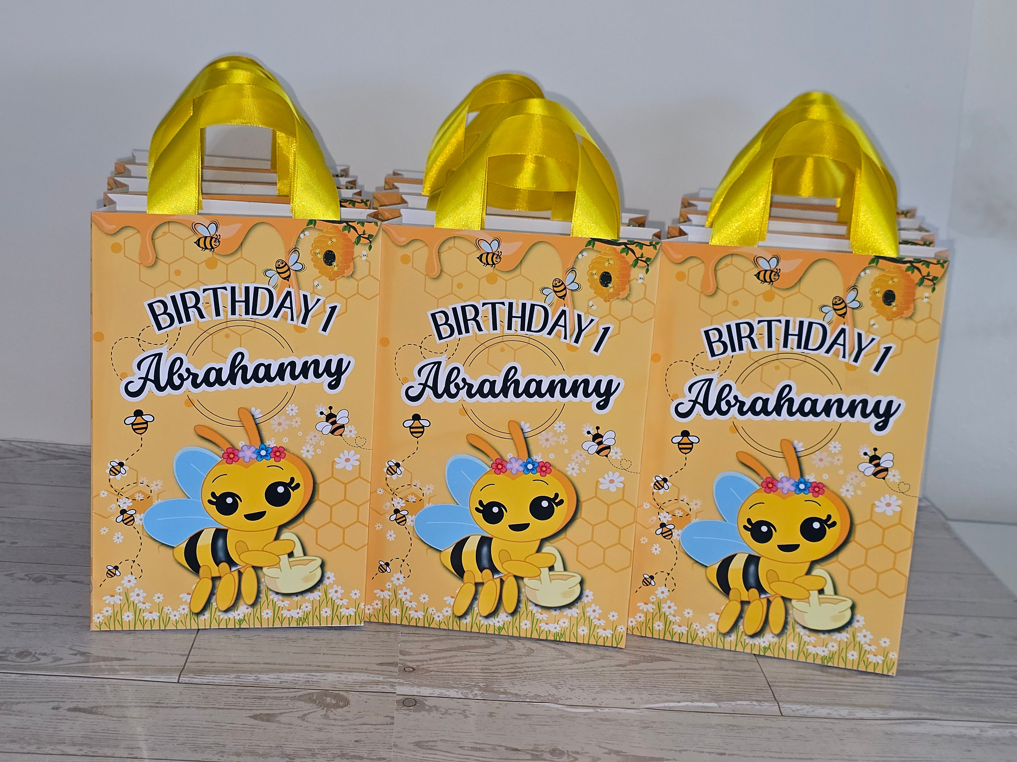 12 Personalized Abejita Chiquitica Birthday Gift Bags with Name & Age – 8.5"x5.5" Ribbon Handles