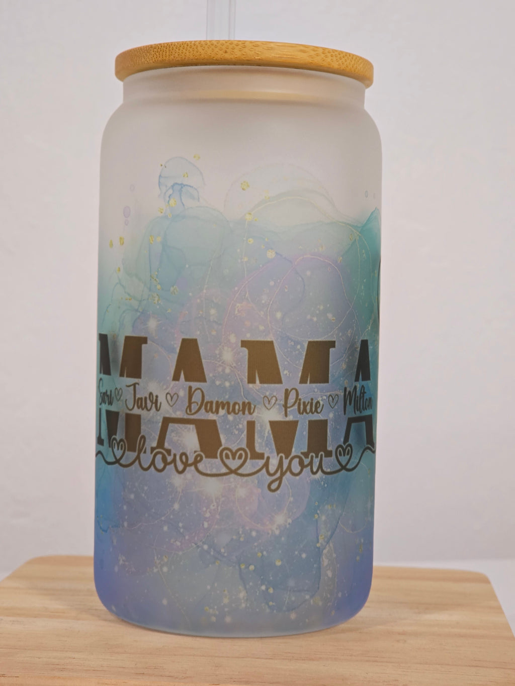 Personalized Glass Tumbler with Bamboo Lid & Glass Straw – Mother's Day Gift