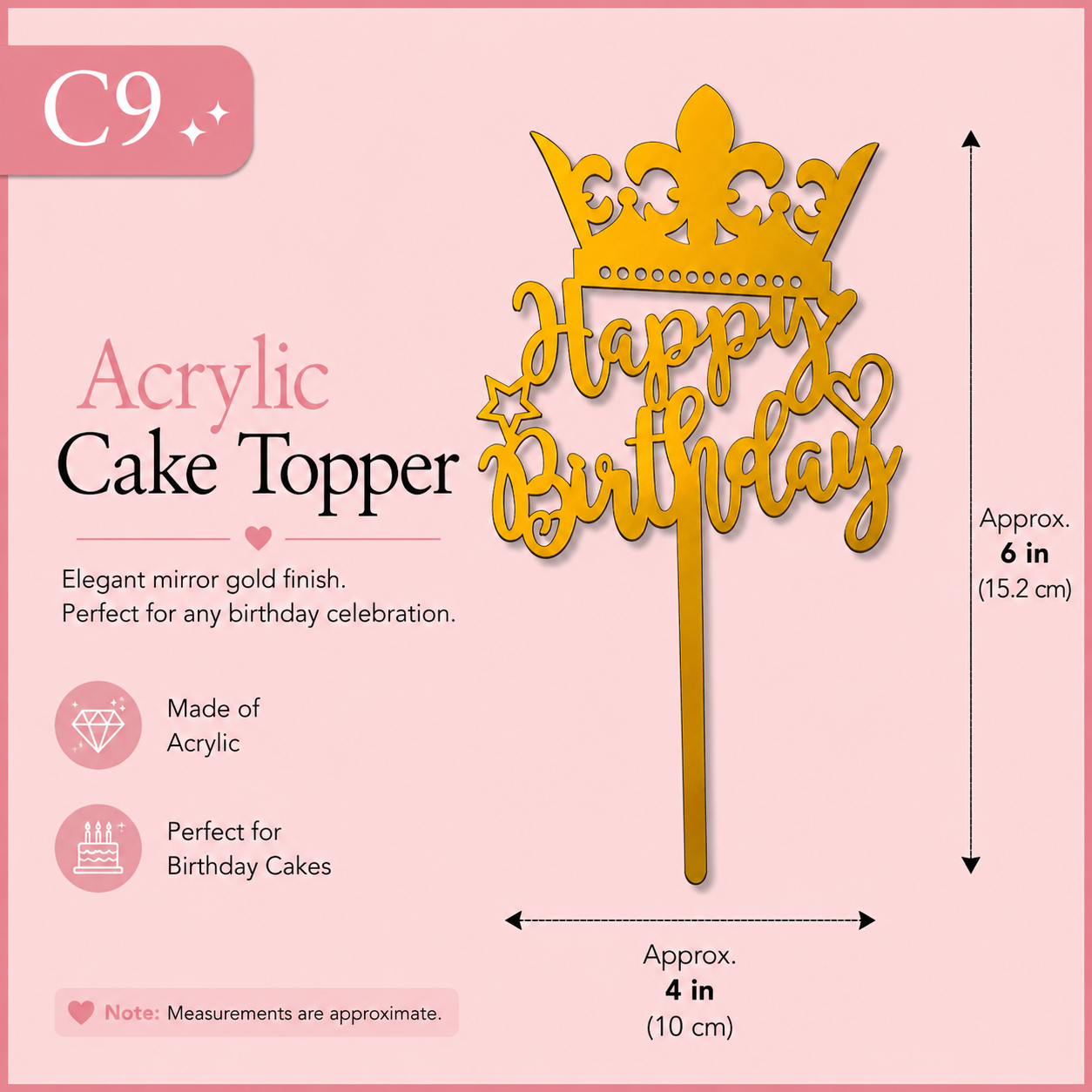 Golden Acrylic Happy Birthday Cake Topper | Mirror Gold Birthday Topper | Elegant Reusable Cake Decoration
