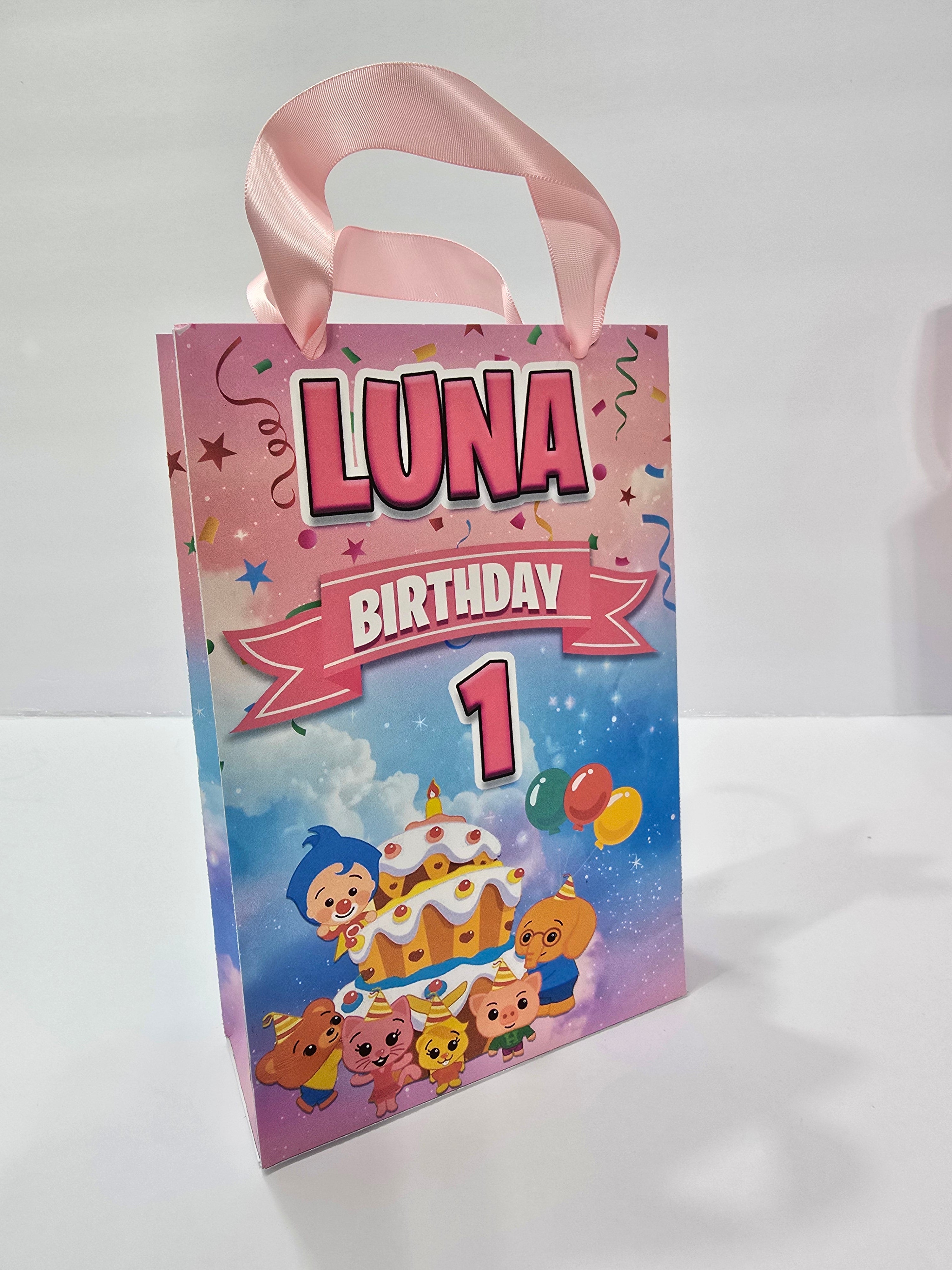 12 pcs Personalized Birthday Gift Bags with Name and Age – Bags with Ribbon Handles- 8.5"x5.5 (Plim plim)