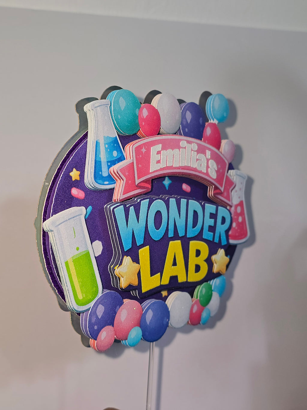 Personalized 3D Wonder Lab Cake Topper – Glitter with Name & Age