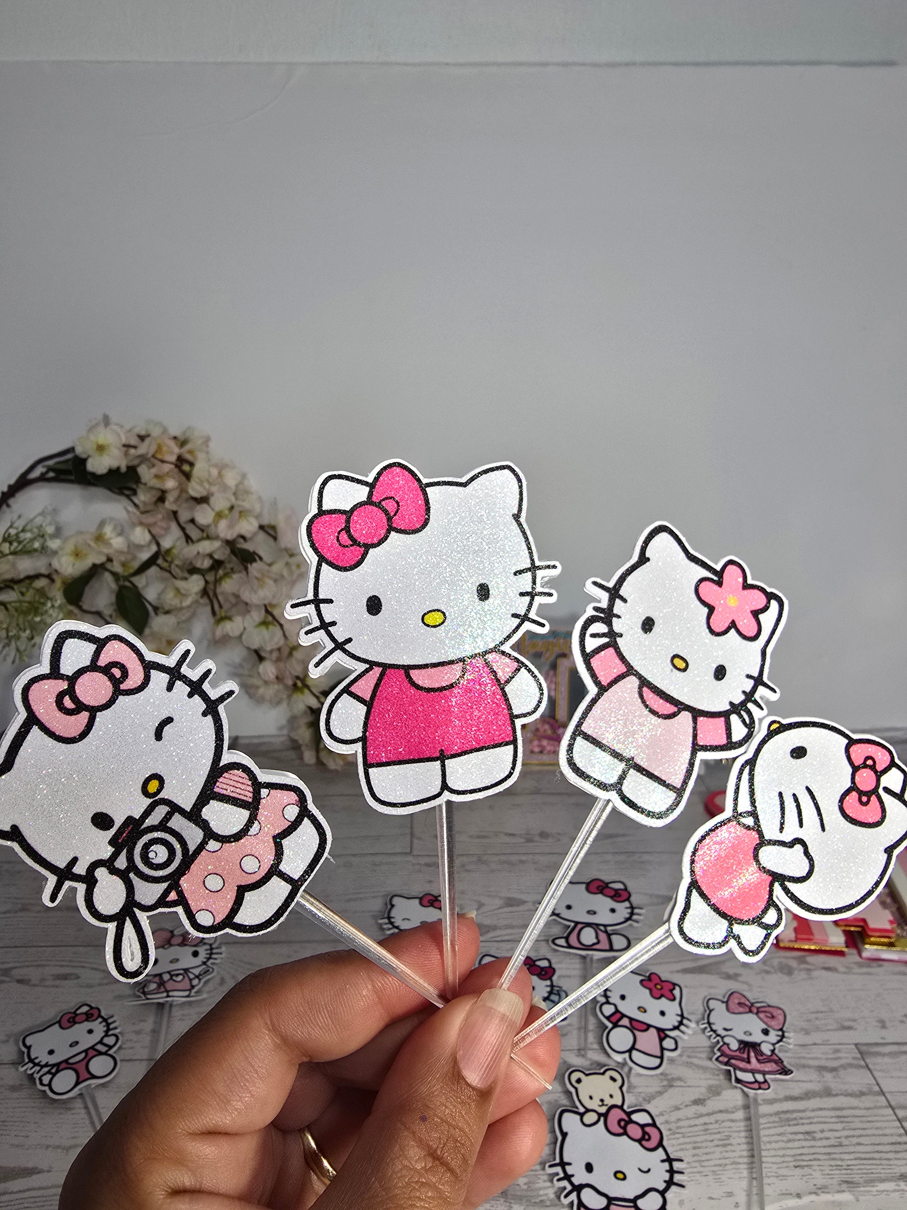 12 Pcs Glitter Cupcake Toppers – 12 Unique Kitty Designs | Birthday Party Picks