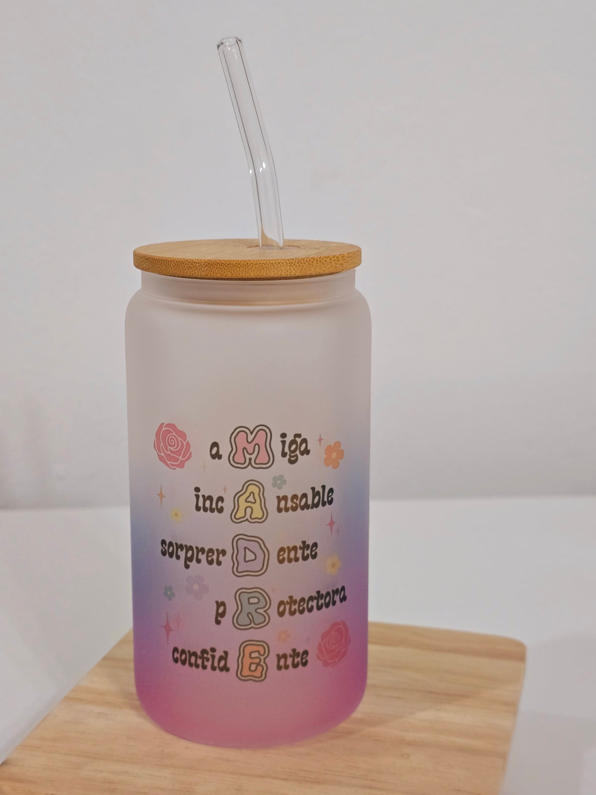Personalized Glass Tumbler with Bamboo Lid & Glass Straw – Mother's Day Gift