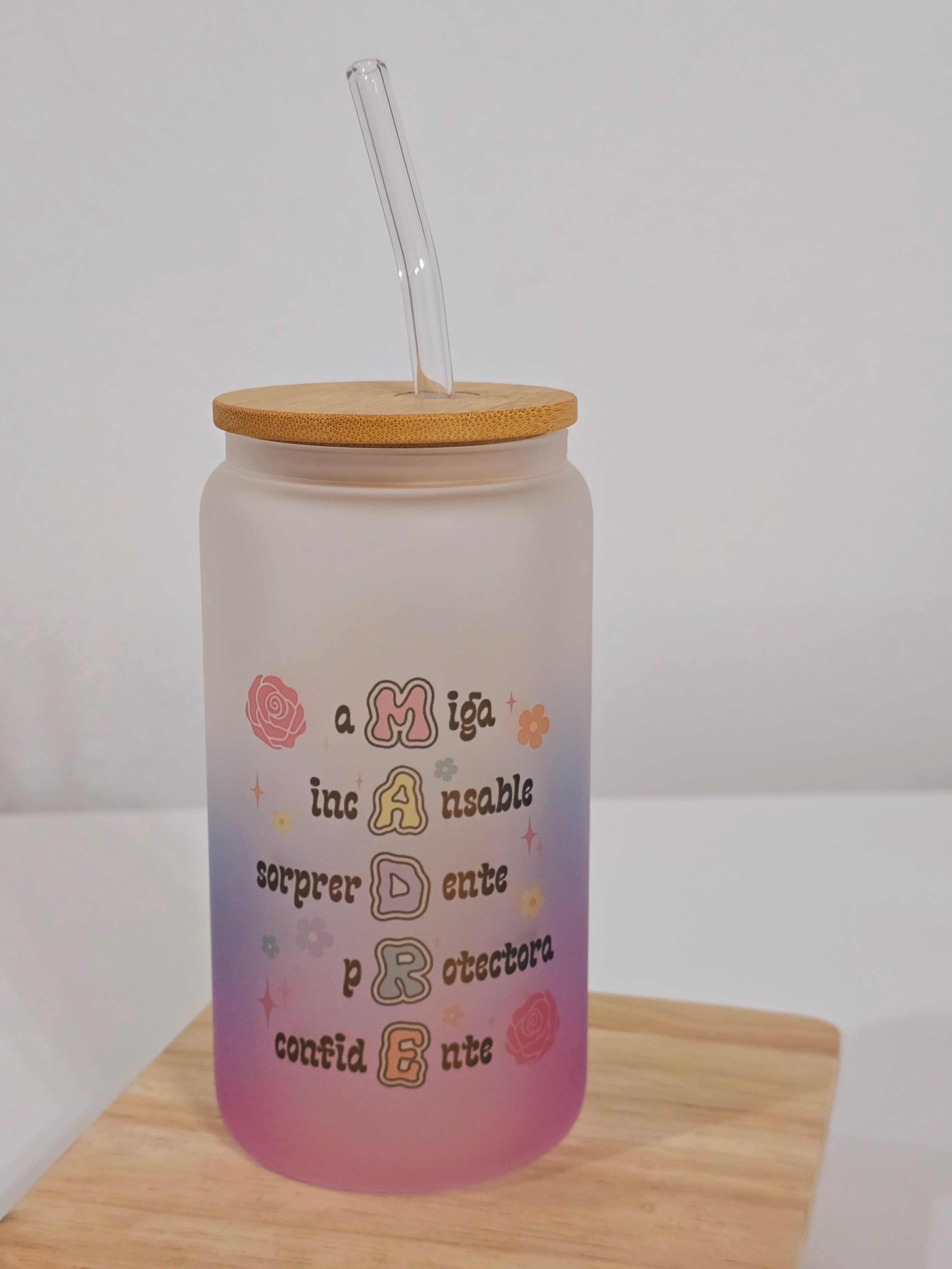 Personalized Glass Tumbler with Bamboo Lid & Glass Straw – Mother's Day Gift