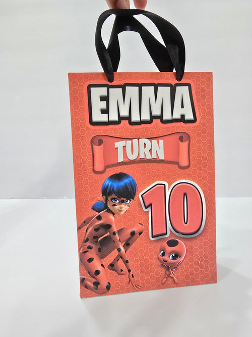 12 pcs Personalized Birthday Gift Bags with Name and Age – Bags with Ribbon Handles- 8.5"x5.5 (Lady bug)