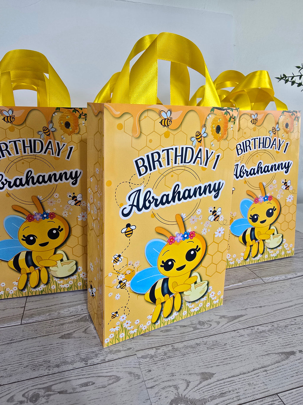 12 Personalized Abejita Chiquitica Birthday Gift Bags with Name & Age – 8.5"x5.5" Ribbon Handles